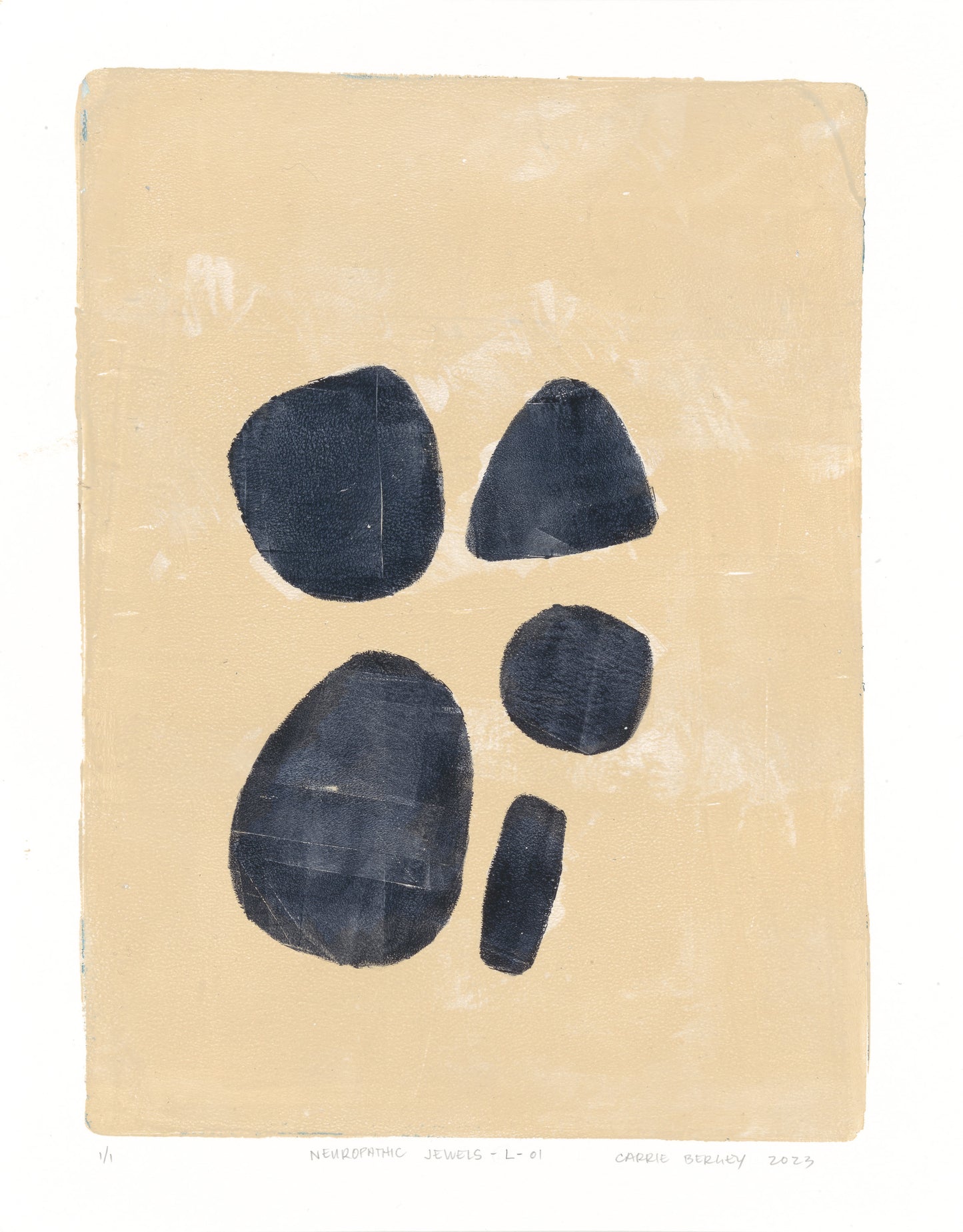 Close-up of Neuropathic Jewels-L-01 by Carrie Bergey, showcasing dark organic forms on a light beige monoprint canvas.