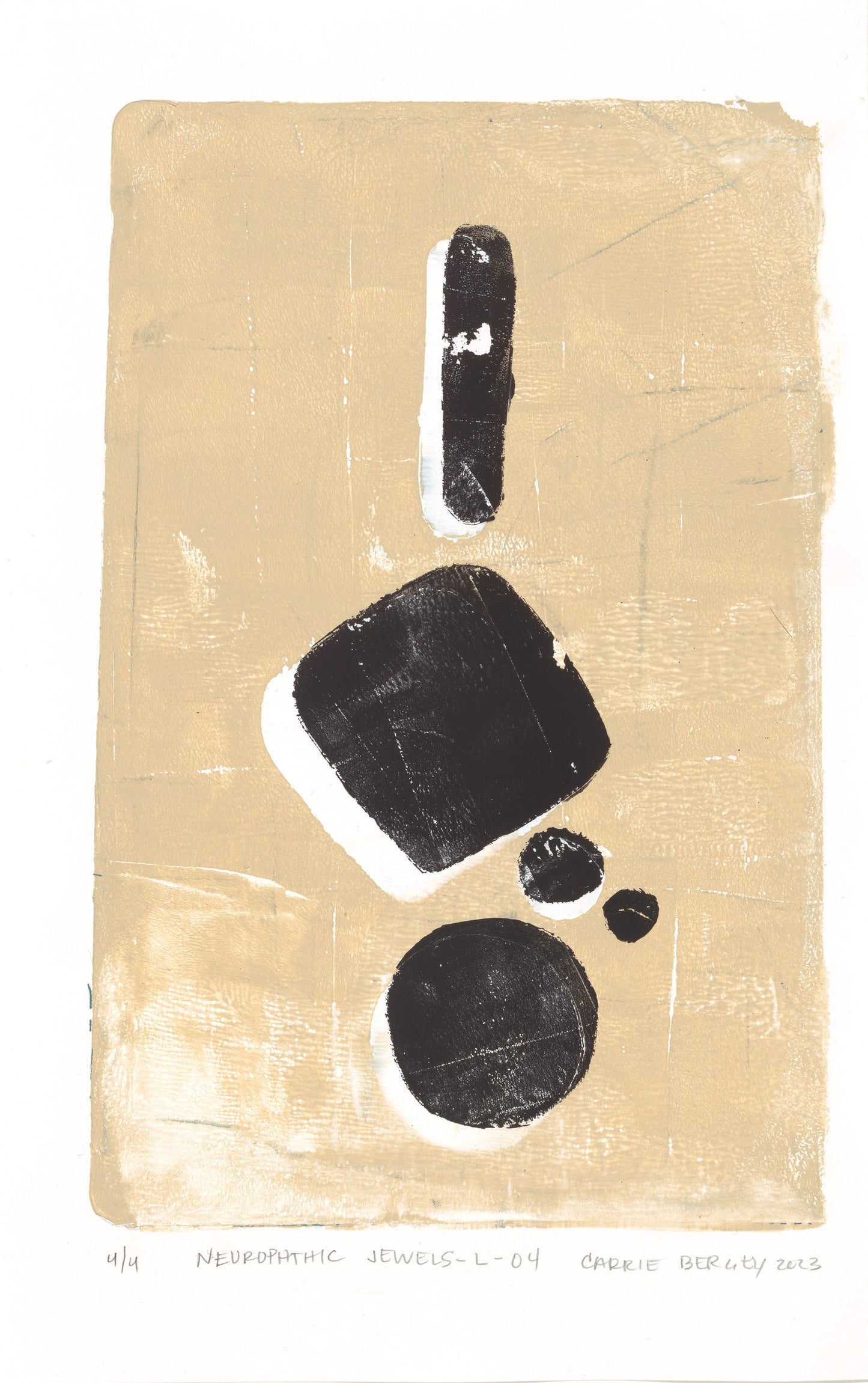 Close-up of Neuropathic Jewels-L-04 by Carrie Bergey, original print with bold black abstract forms on a tan background.