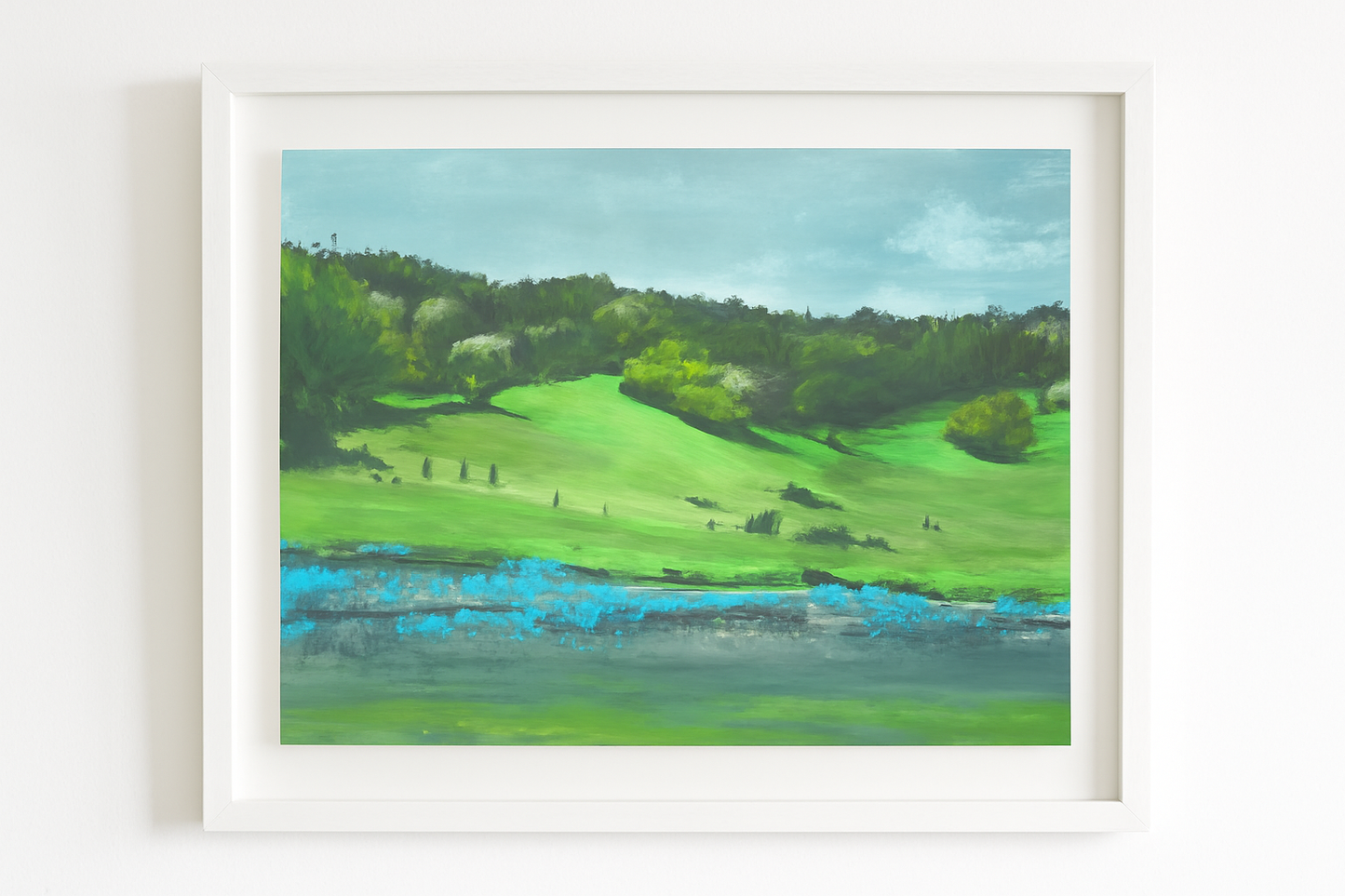 Close-up of Carrie Bergey's Olompali State Historic Park US-101 painting in a white frame, showcasing vibrant green hills and blue water in a fine art landscape style.