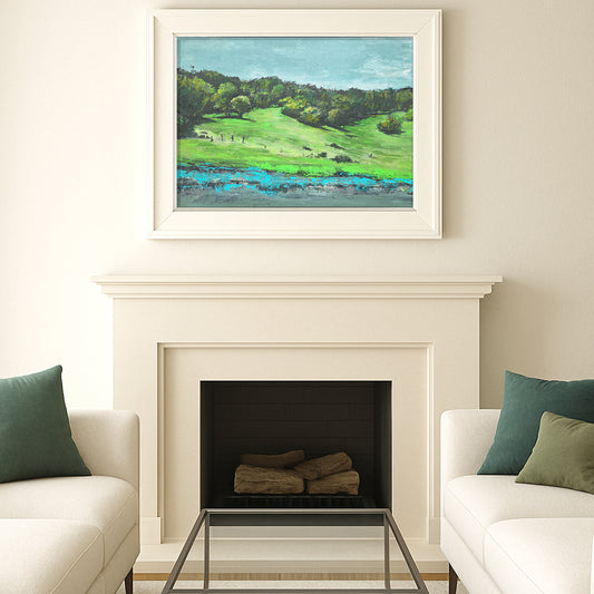 Olompali State Historic Park US-101 original fine art painting by Carrie Bergey featuring lush green hills, trees, and a reflective water body in gouache and acrylic.