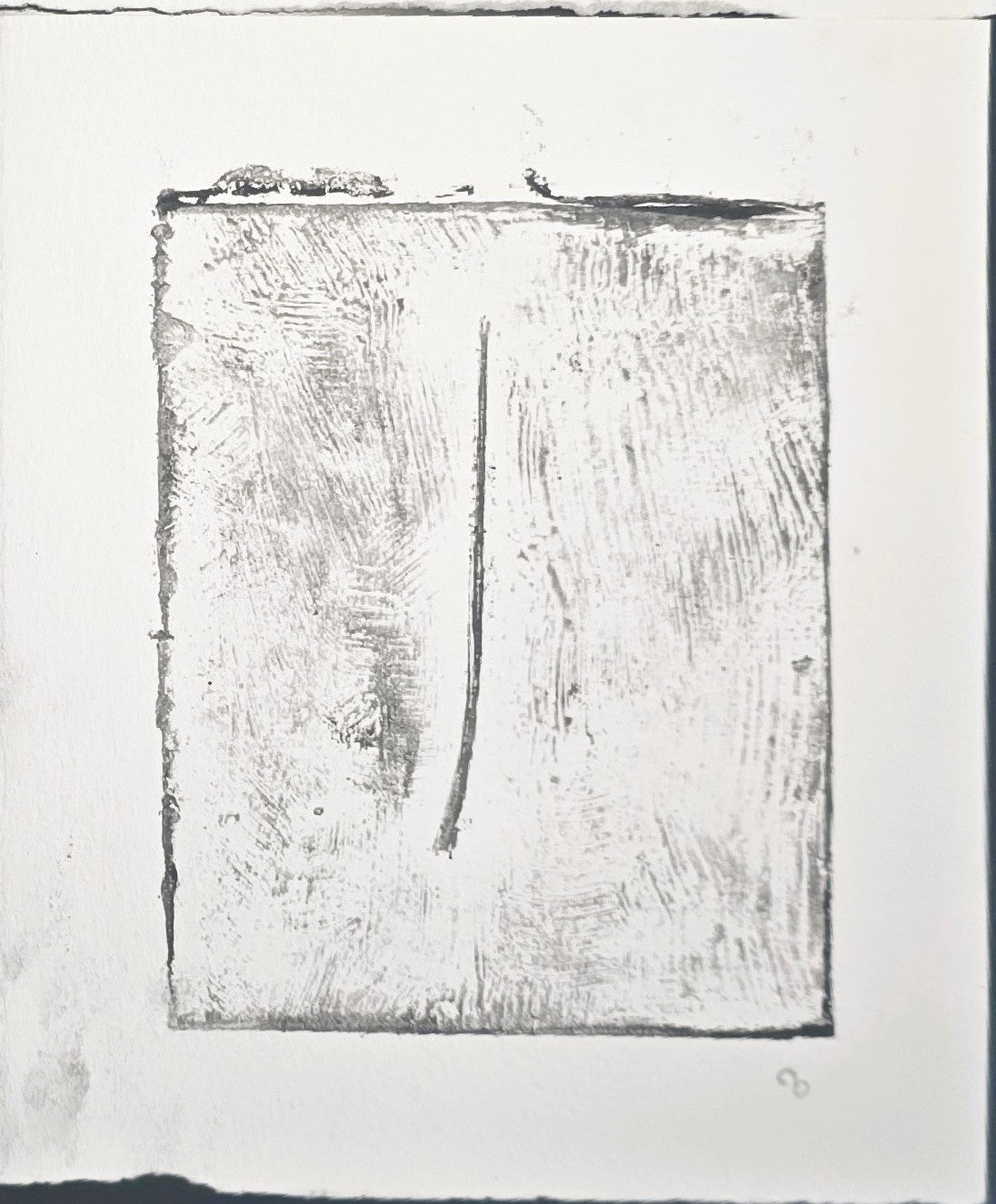Carrie Bergey's 'Pine Needles - Becoming' monoprint featuring a delicate pine needle impression in a soft, abstract grayscale composition.