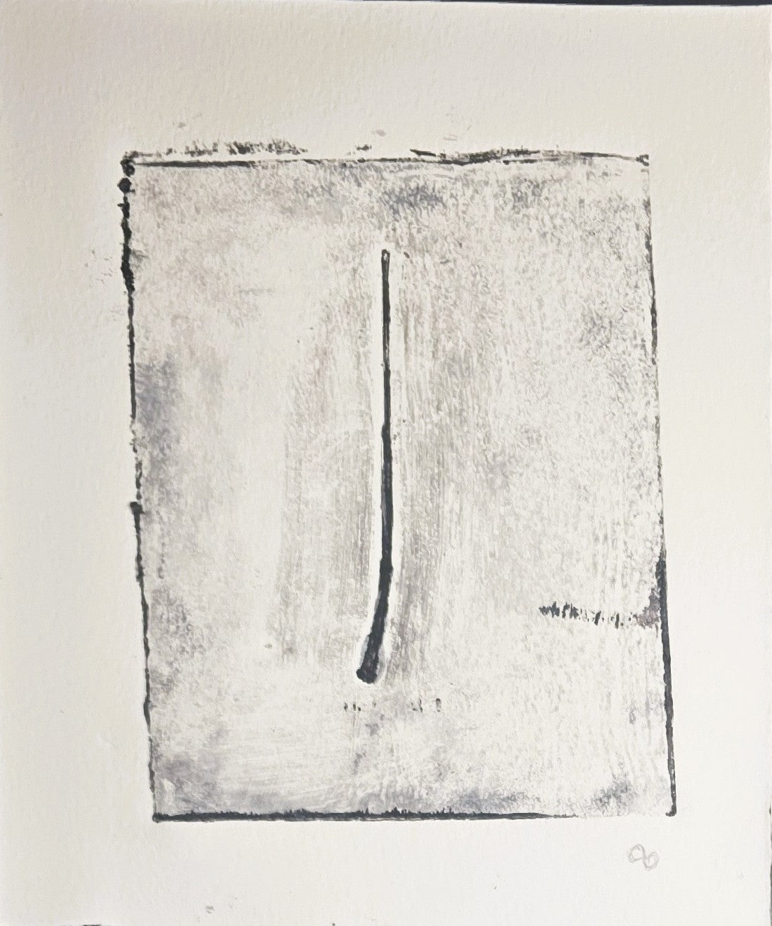 Single abstract monoprint from 'Pine Needles - Becoming' series by Carrie Bergey, grayscale pine needle form on textured white background.
