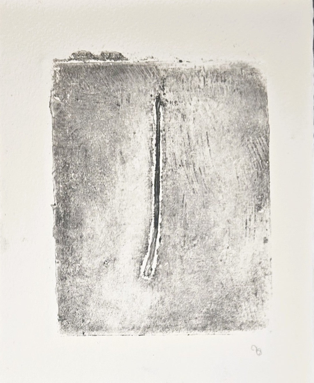 Original fine art monoprint from Carrie Bergey's 'Pine Needles - Becoming' series, featuring a vertical pine needle in soft grayscale tones.