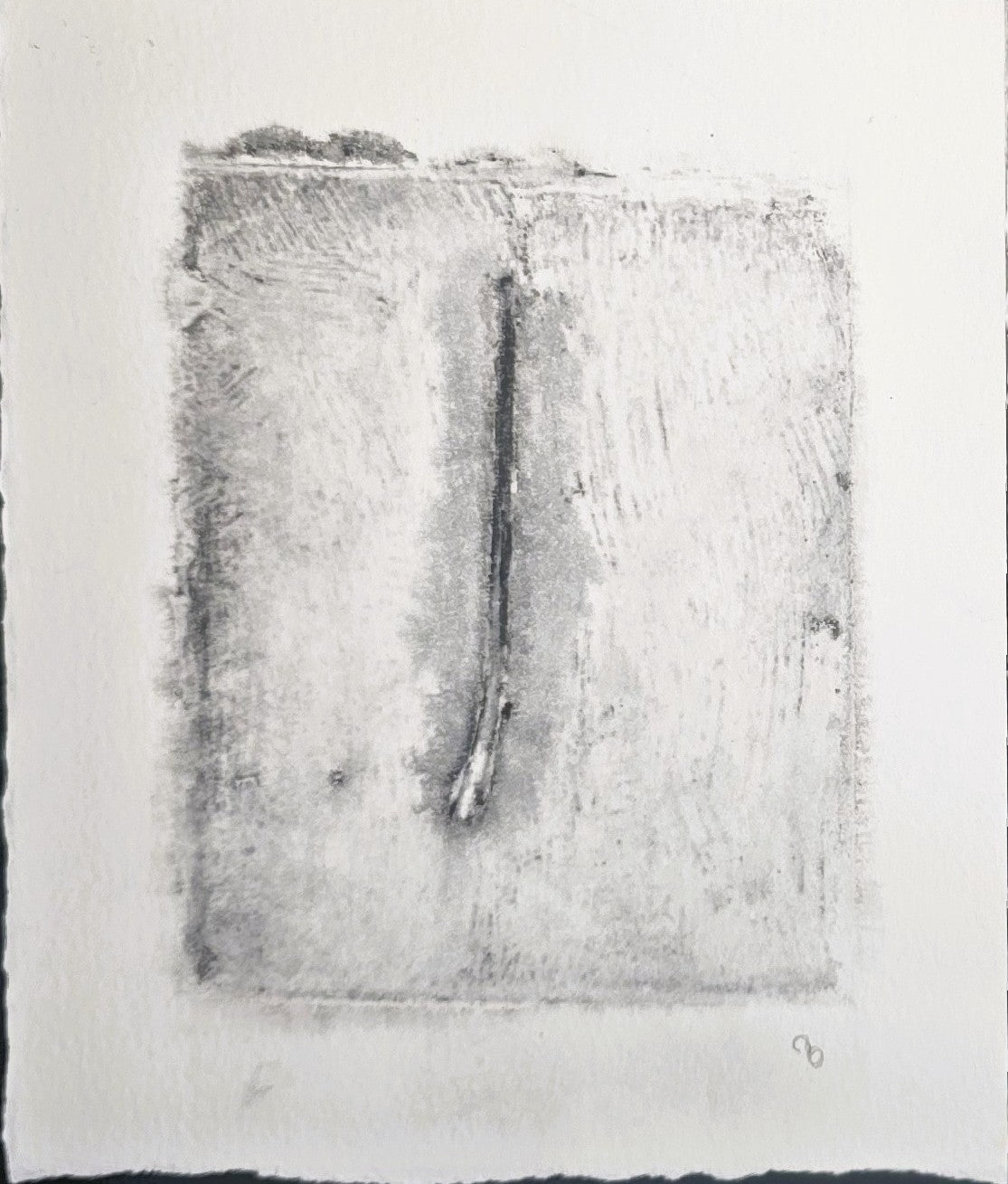 Textured grayscale monoprint from 'Pine Needles - Becoming' by Carrie Bergey, showcasing a single pine needle in abstract minimalist style.