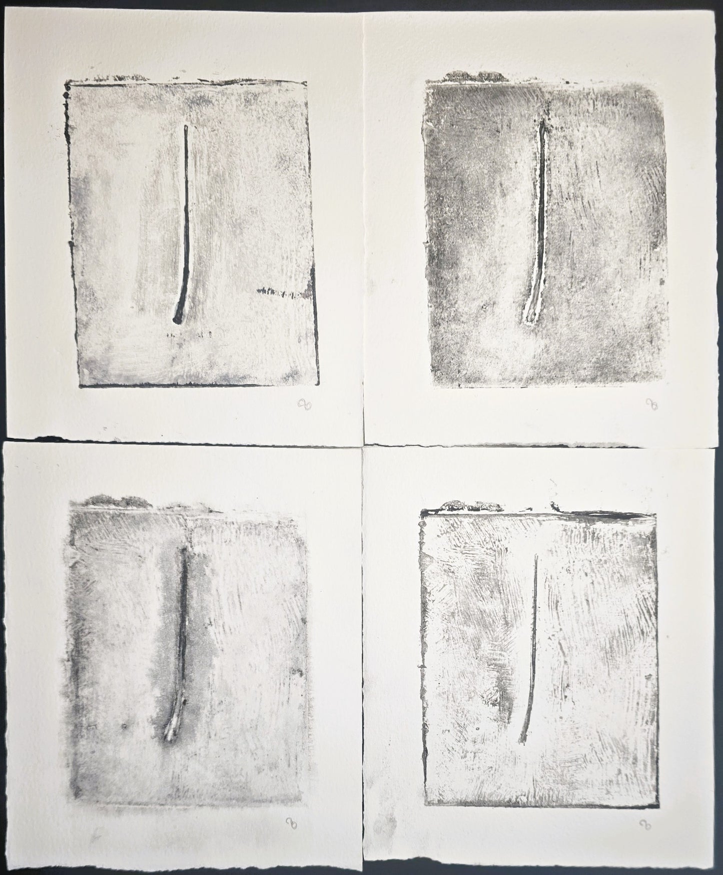 'Pine Needles - Becoming 01_05-08' original fine art monoprints by Carrie Bergey, four abstract grayscale prints displayed in a grid layout.