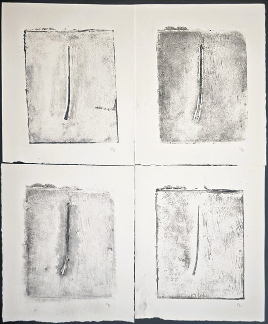 Framed quadriptych of 'Pine Needles - Becoming 01_05-08' by Carrie Bergey, abstract monoprints in grayscale tones, ideal for minimalist decor.