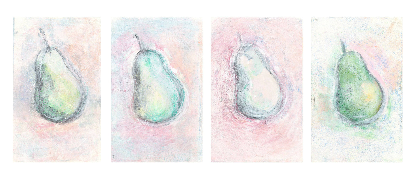 Horizontal layout of Pears Original Monoprint Series Art by Carrie Bergey showing four unique pear prints in soft hues. Perfect for gallery wall styling.