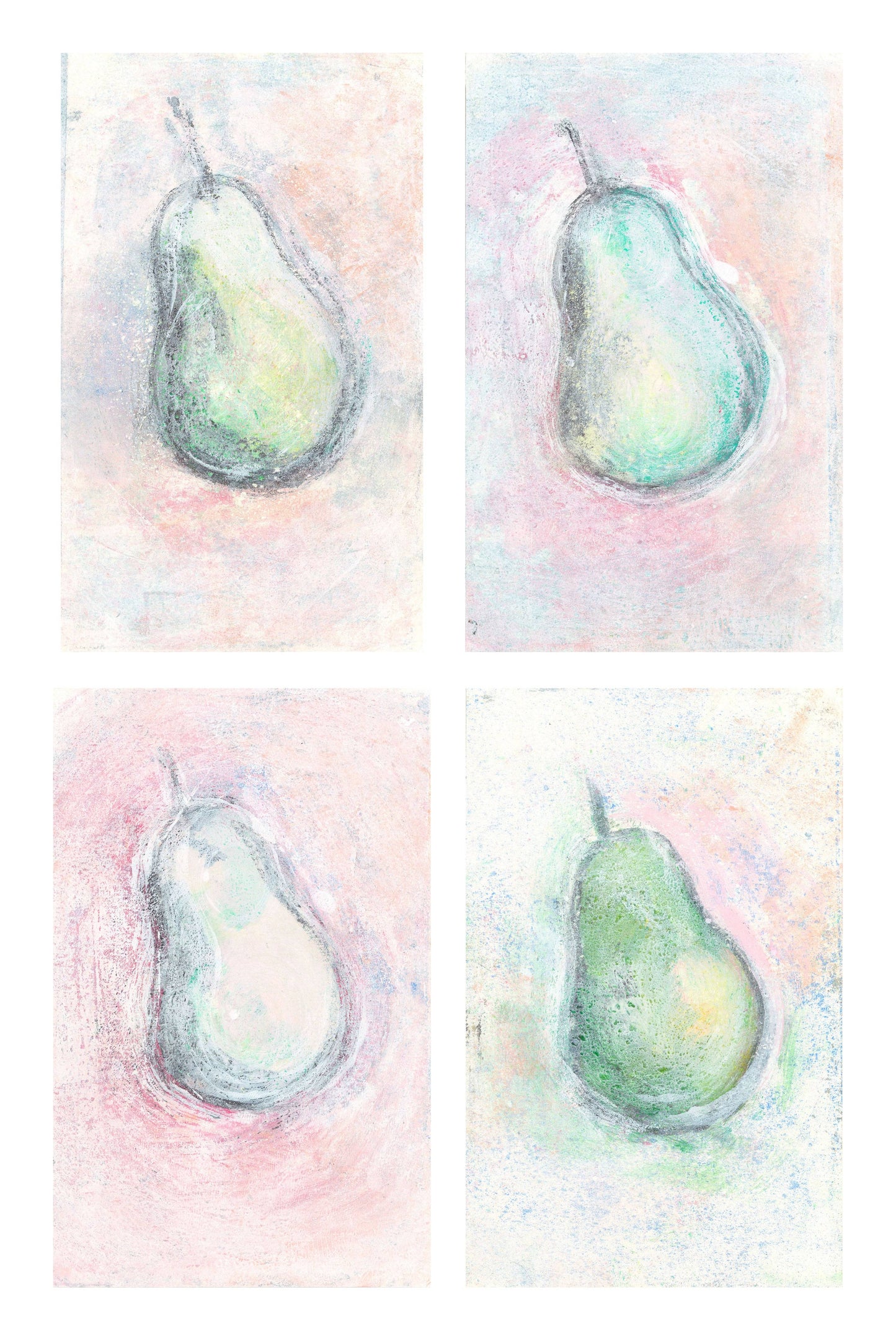 Pears Original Monoprint Series Art by Carrie Bergey featuring four pastel-toned pear prints with textured brushwork. Ideal for modern home decor.