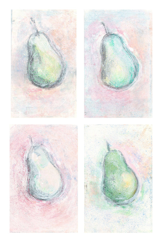 Framed Pears Original Monoprint Series Art by Carrie Bergey displayed in a minimalist kitchen-dining space. Enhances wall decor with soft, artistic charm.