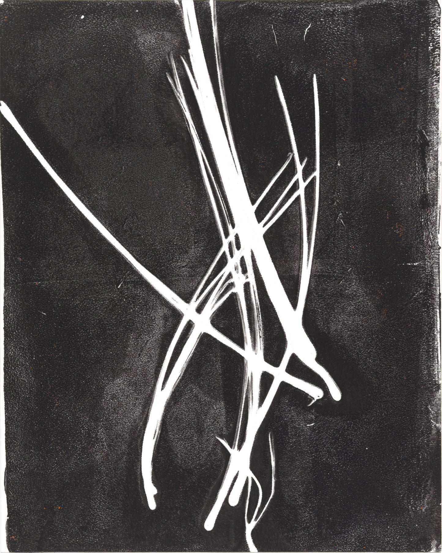 Dynamic intersecting white lines on black in a panel from Pine Needles Original Fine Art Monoprint Octaptych by Carrie Bergey.