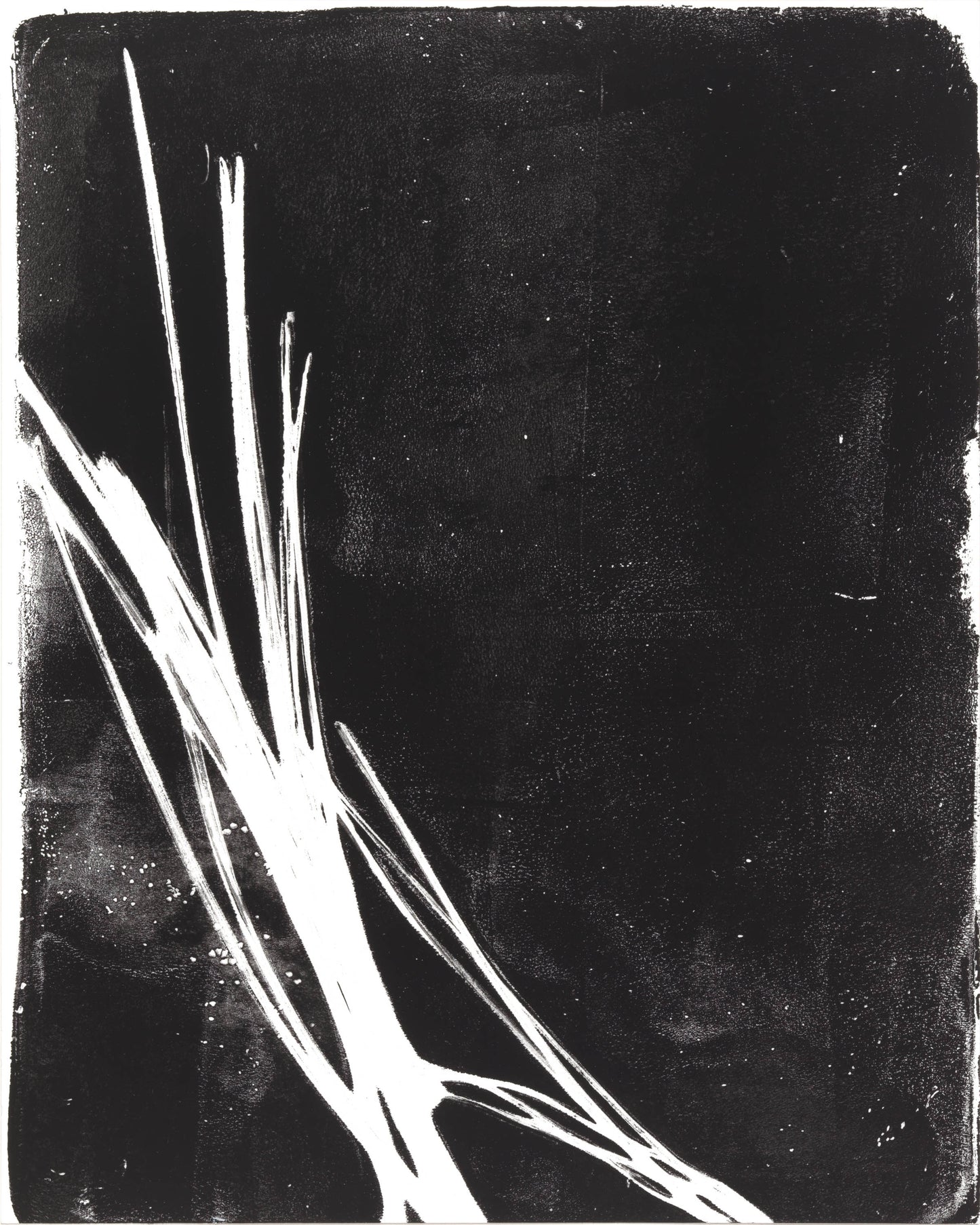 Vertical white pine needle strokes on black in Carrie Bergey's Pine Needles Monoprint, part of the Octaptych fine art collection.