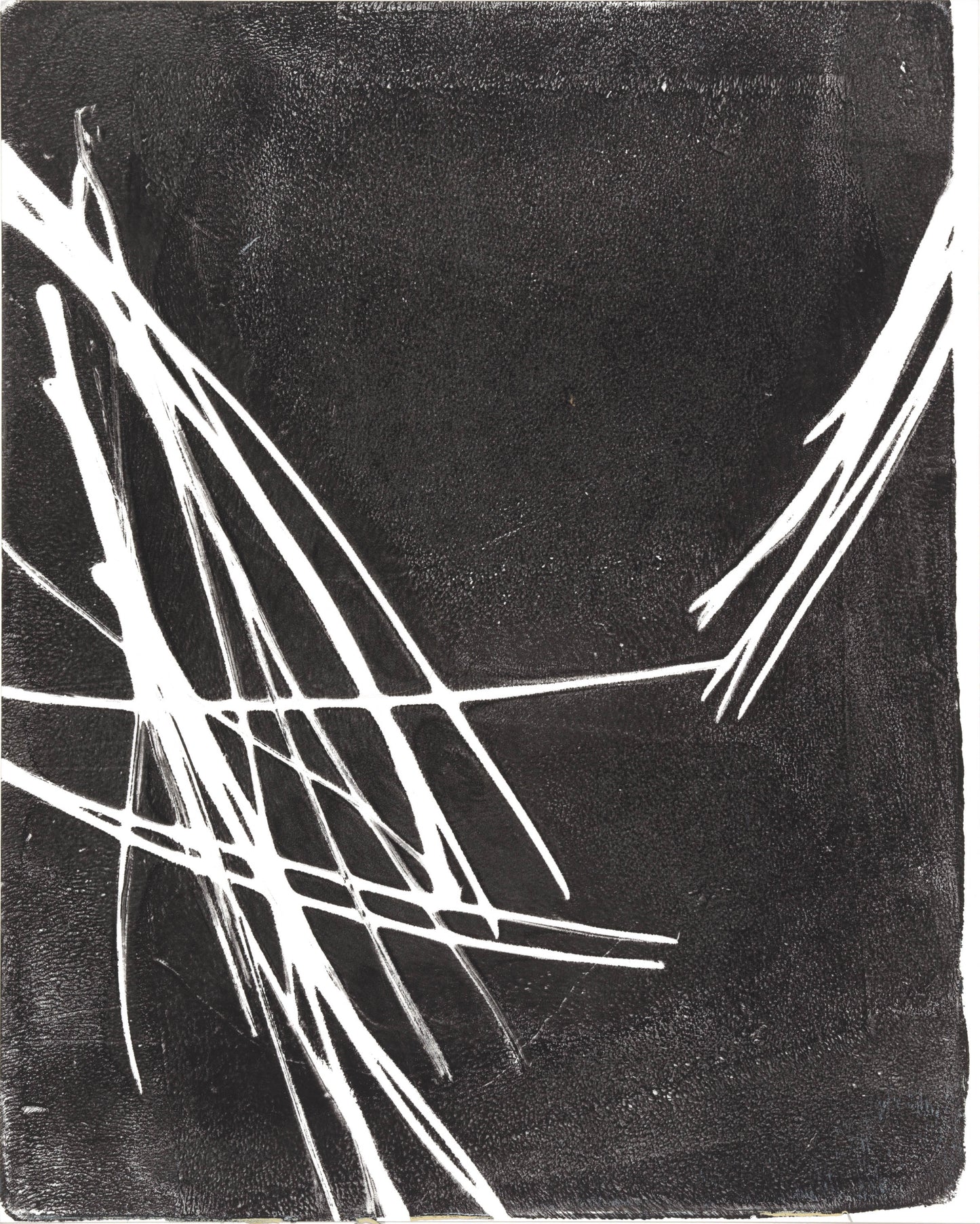 Single panel from Pine Needles Monoprint Collection by Carrie Bergey, featuring abstract white strokes on a textured black background.