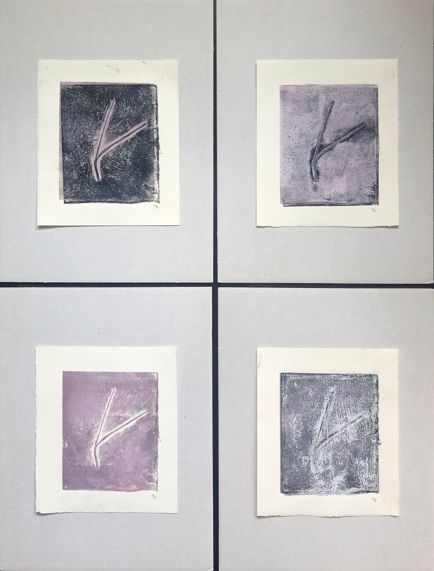Four-piece Pine Needles Becoming Original Monoprint Art by Carrie Bergey arranged on a neutral background, highlighting textured abstract prints.