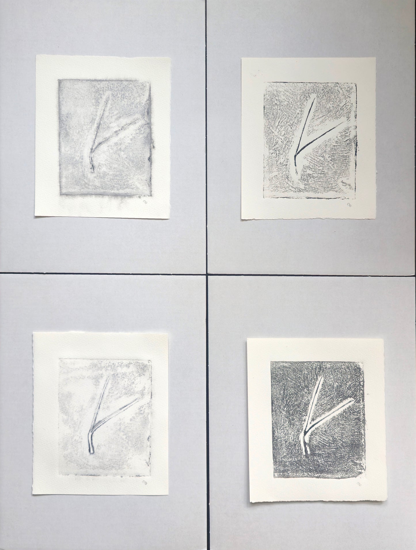Set of 4 Pine Needles Art collagraph monoprints by Carrie Bergey in black, white, and grey tones, showcasing minimalist botanical impressions.