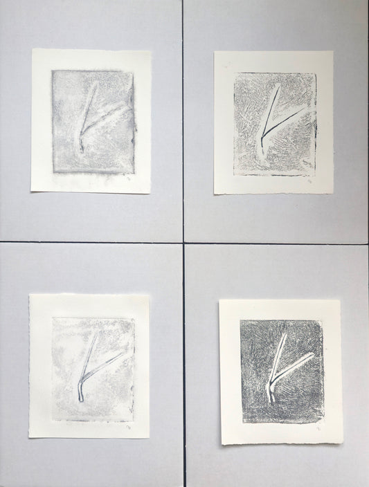 Framed Pine Needles Art set by Carrie Bergey featuring 4 original collagraph monoprints in grayscale, ideal for modern home wall decor.