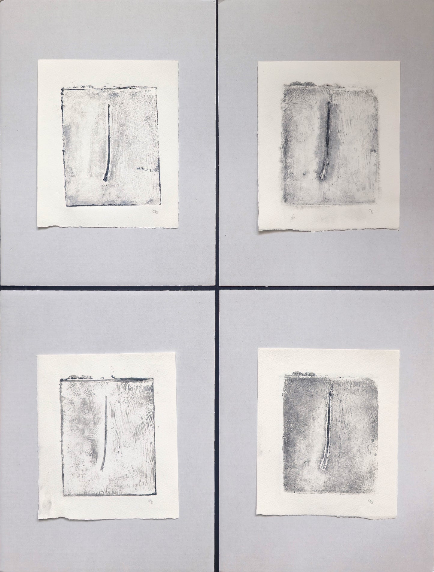 Minimalist quadriptych from 'Pine Needles - Becoming 01_05-08' by Carrie Bergey, featuring abstract pine needle impressions on textured paper.