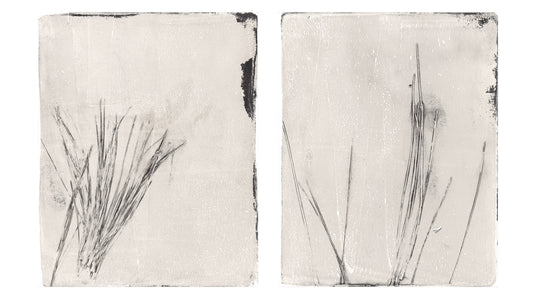 Fine Art Monoprint Diptych - Carrie Bergey Art | Pine Needle Art displayed above a modern fireplace in a neutral-toned living room.