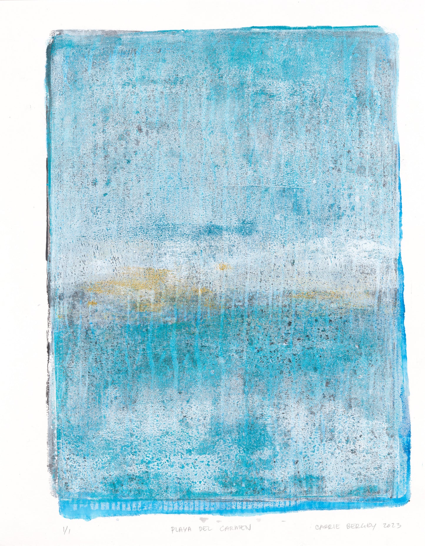 Playa Del Carmen Original Fine Art Monoprint with layered turquoise tones and subtle yellow accents, evoking a tranquil beach atmosphere.