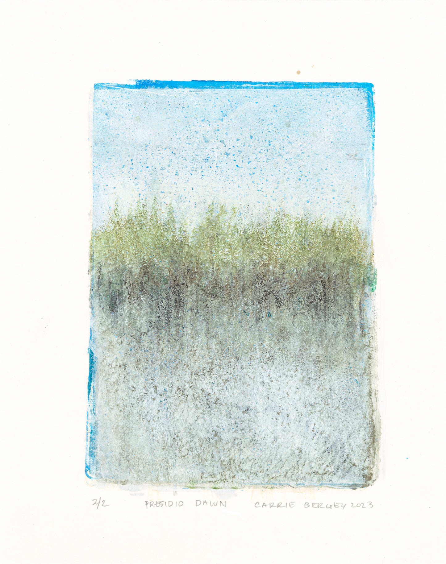 Presidio Dawn Art - Carrie Bergey Fine Monoprint | Painting evokes early morning tranquility with layered greens and blues, suited for modern art lovers.