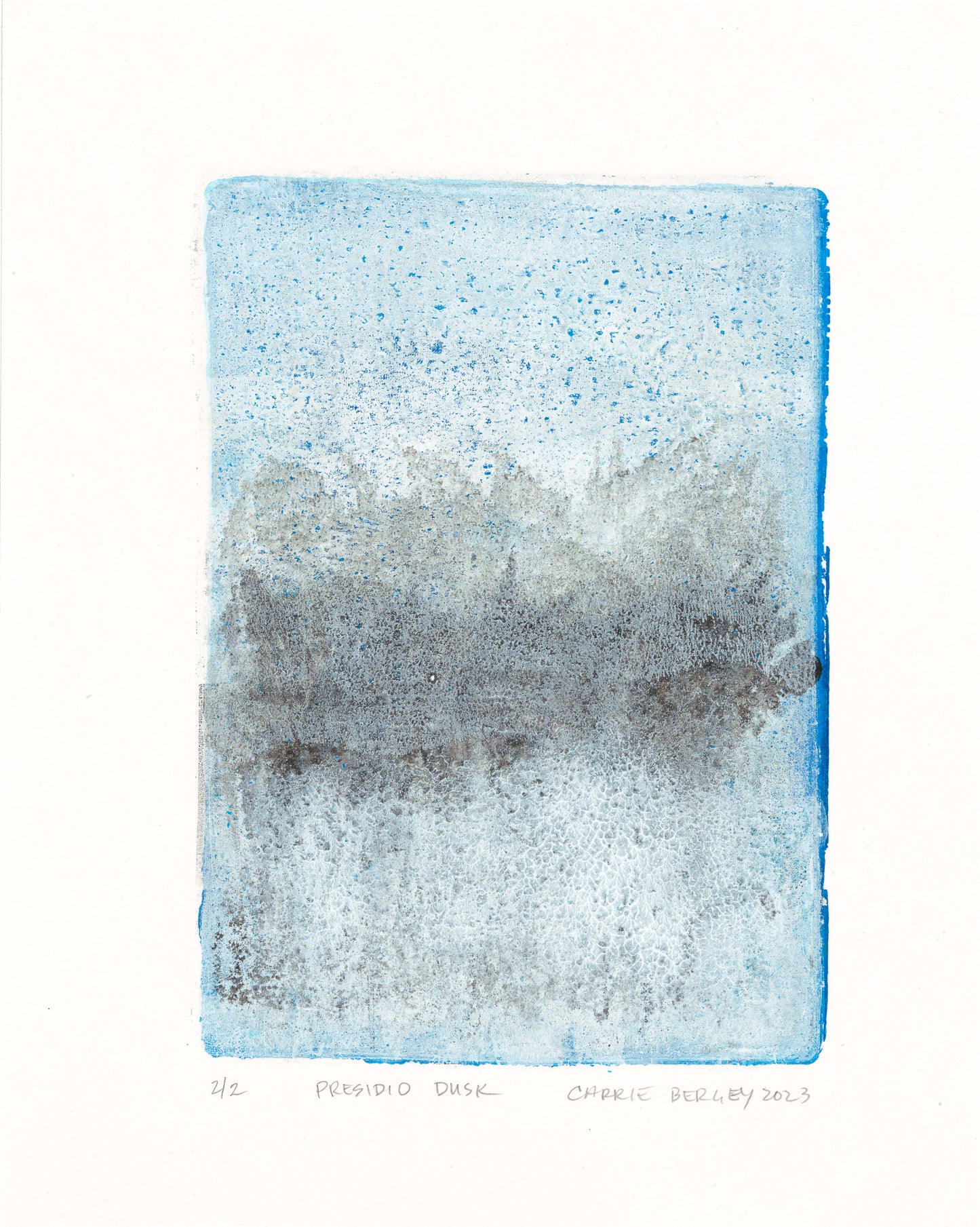 Presidio Dusk 02 monoprint from the Original Fine Art Diptych Collection, with textured blue and gray layers capturing the essence of evening light.