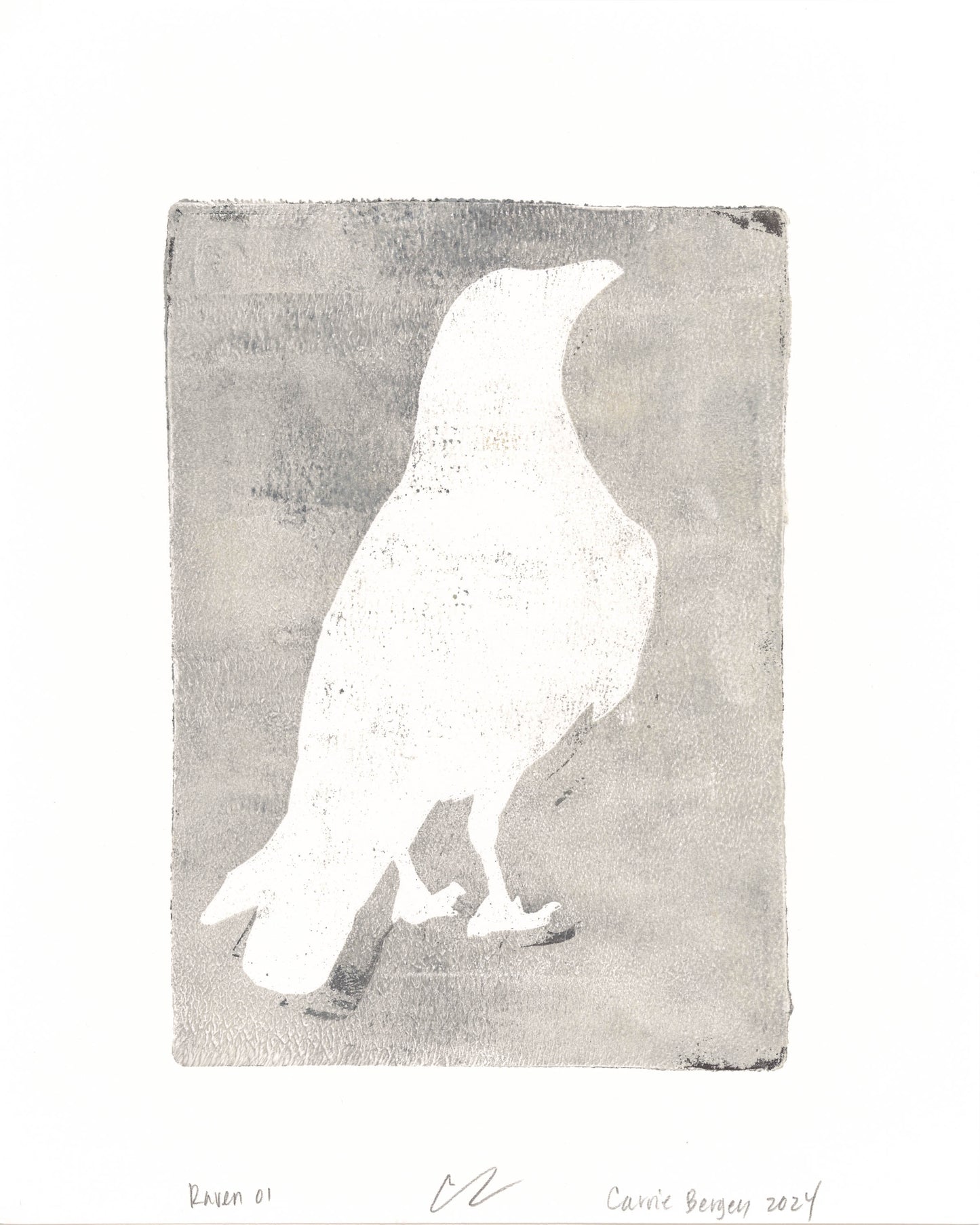 Raven 01 monoprint by Carrie Bergey, showcasing a ghostly white raven figure on a soft gray textured background.