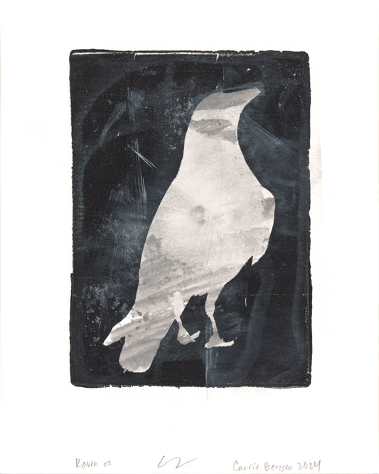Full wall display of Raven 01-10 Original Fine Art Monoprint Decade Collection by Carrie Bergey, featuring 10 expressive raven prints in minimalist frames.