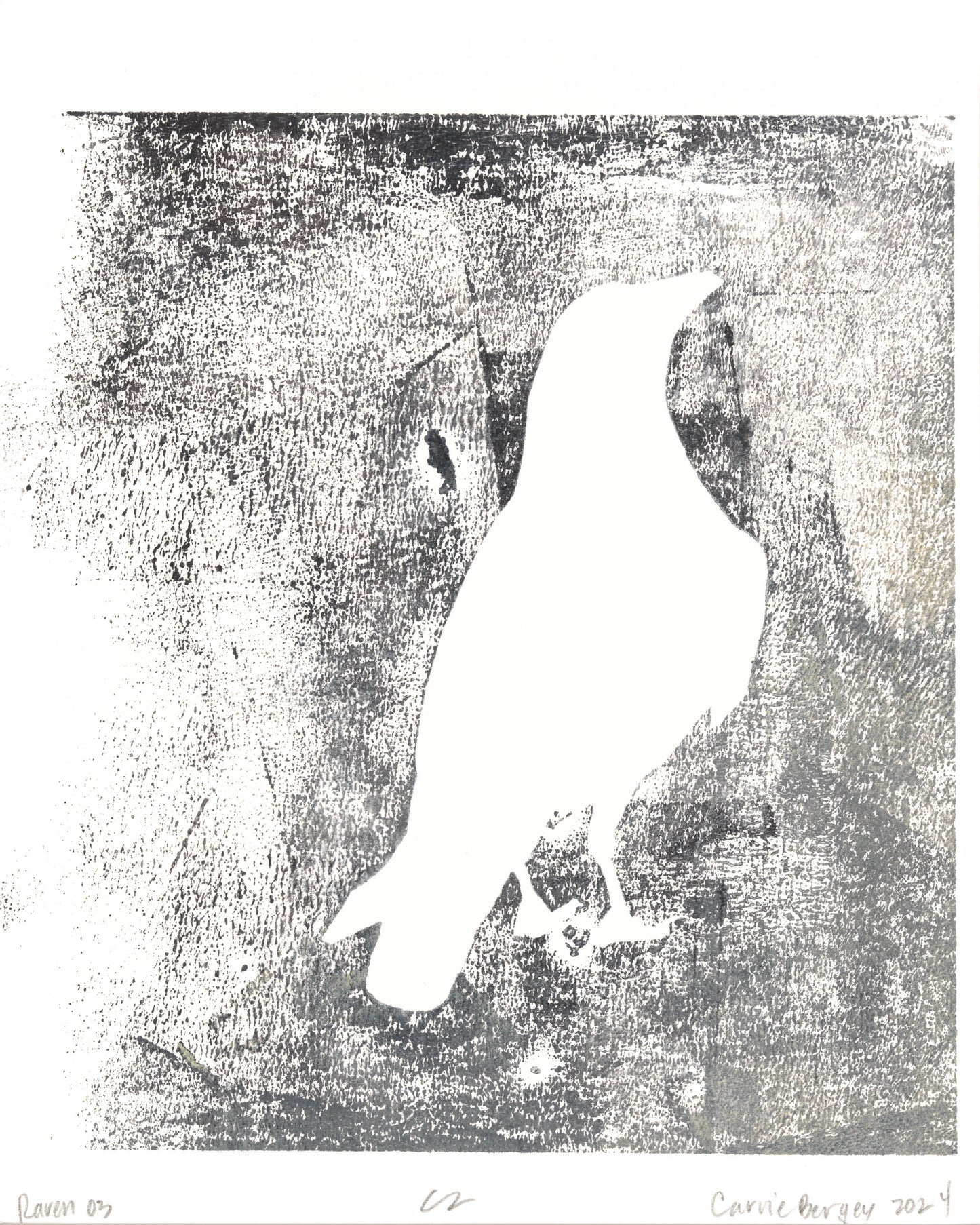 Raven 03 monoprint by Carrie Bergey, featuring a white raven figure against a heavily textured black and gray background.