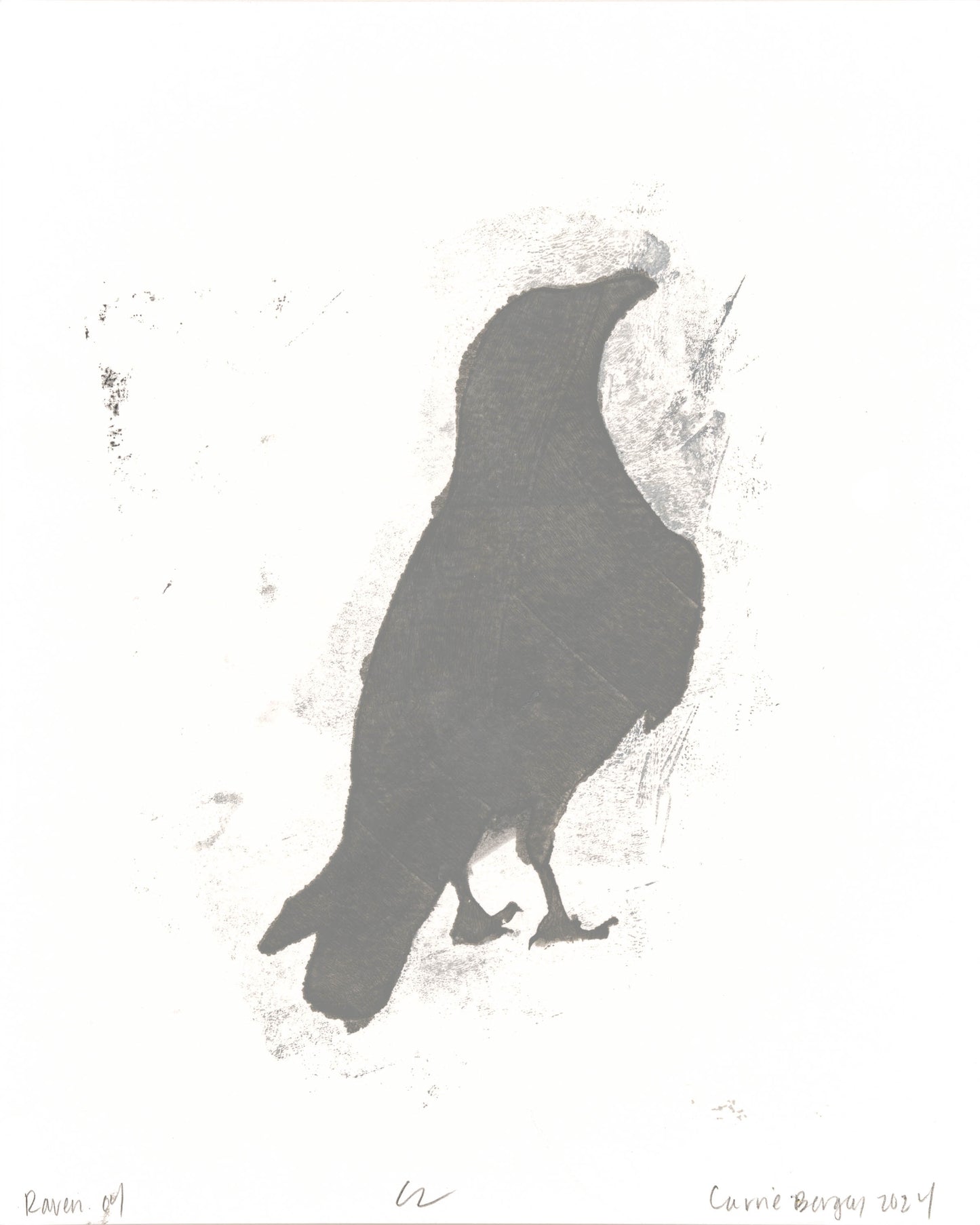 Raven 04 from Carrie Bergey's monoprint series, depicting a dark raven silhouette with soft, smudged edges on a light background.