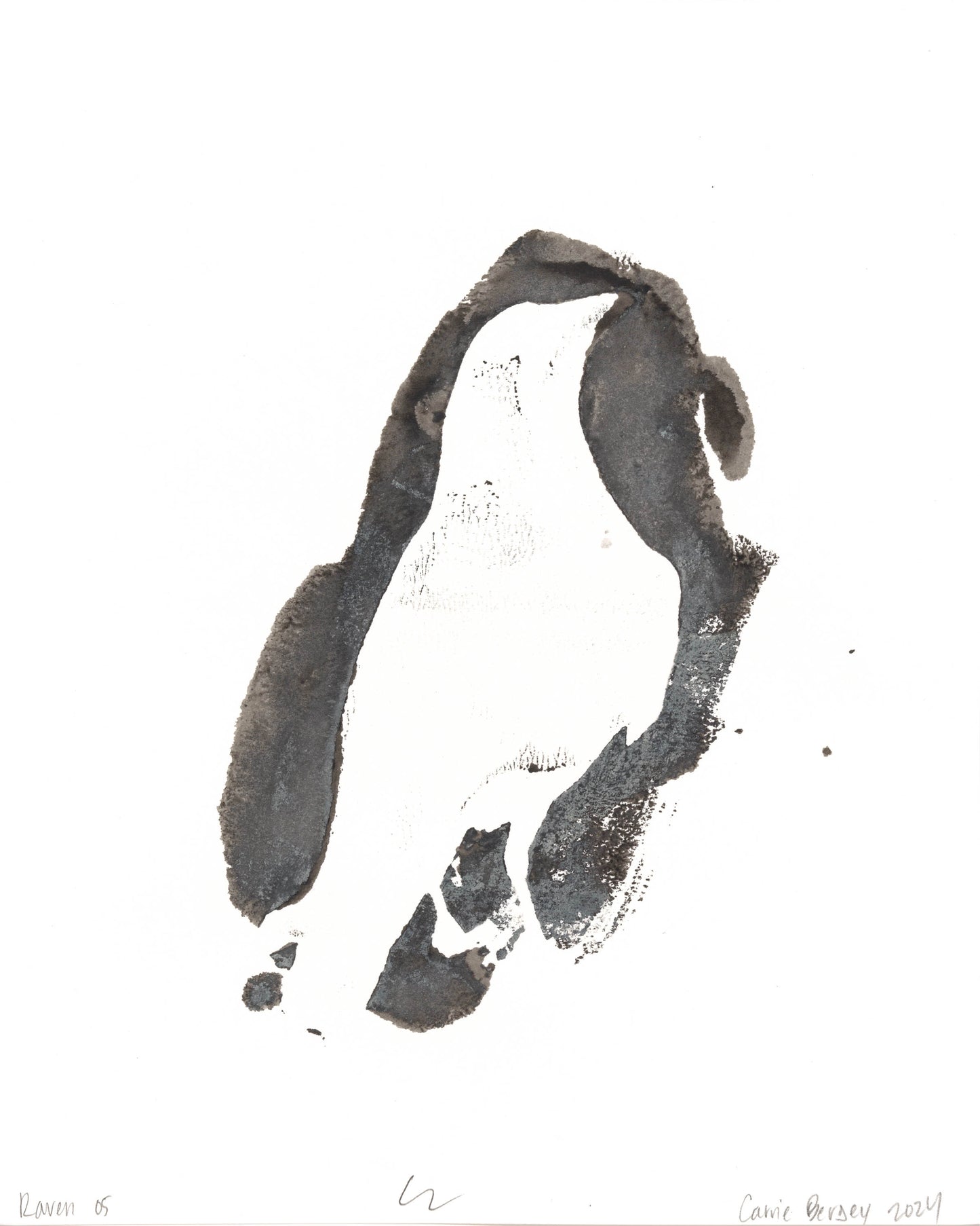 Raven 05 monoprint by Carrie Bergey, featuring a white raven silhouette surrounded by expressive black ink strokes.