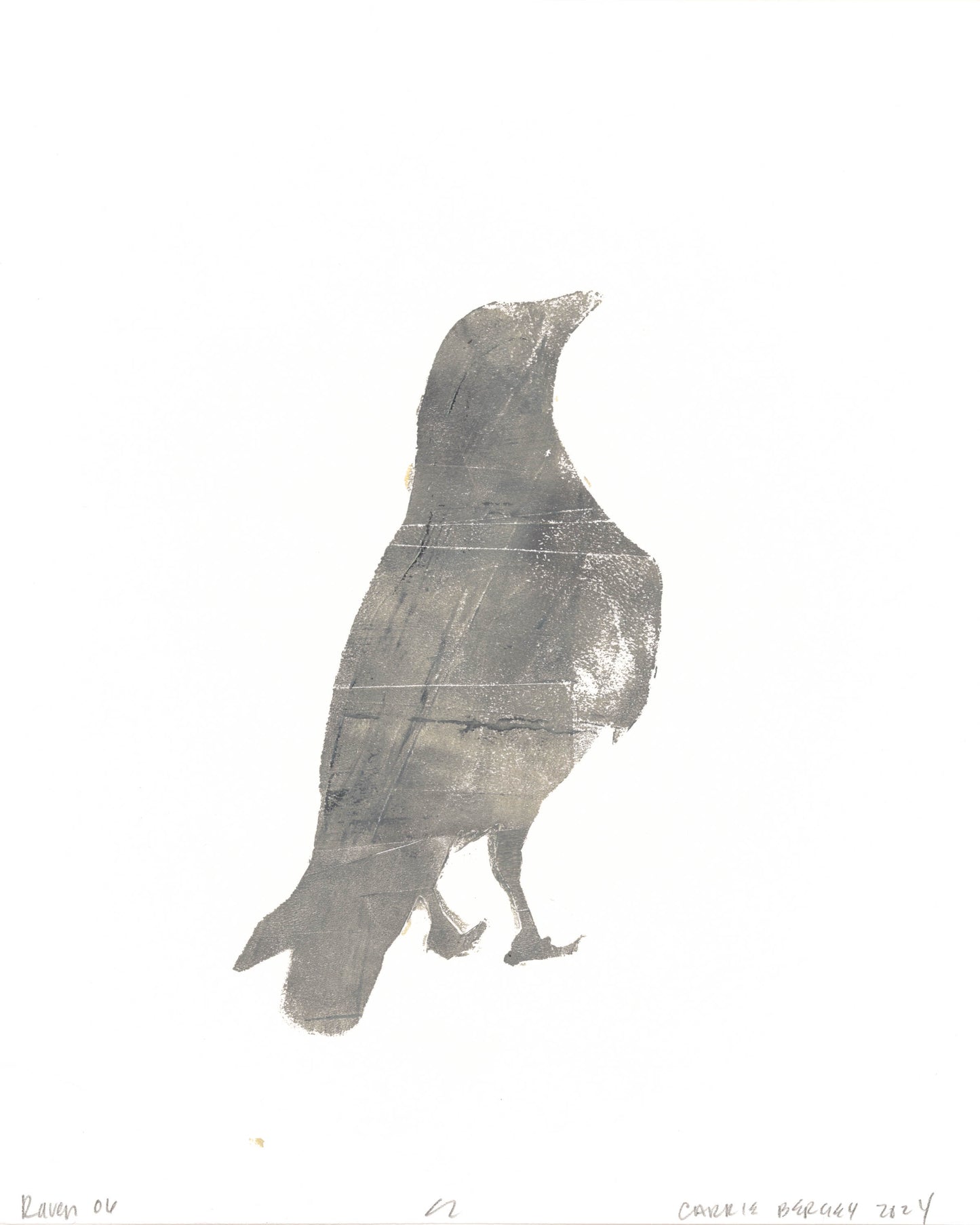 Raven 06 monoprint by Carrie Bergey, showing a muted gray raven with a distressed, textured finish.