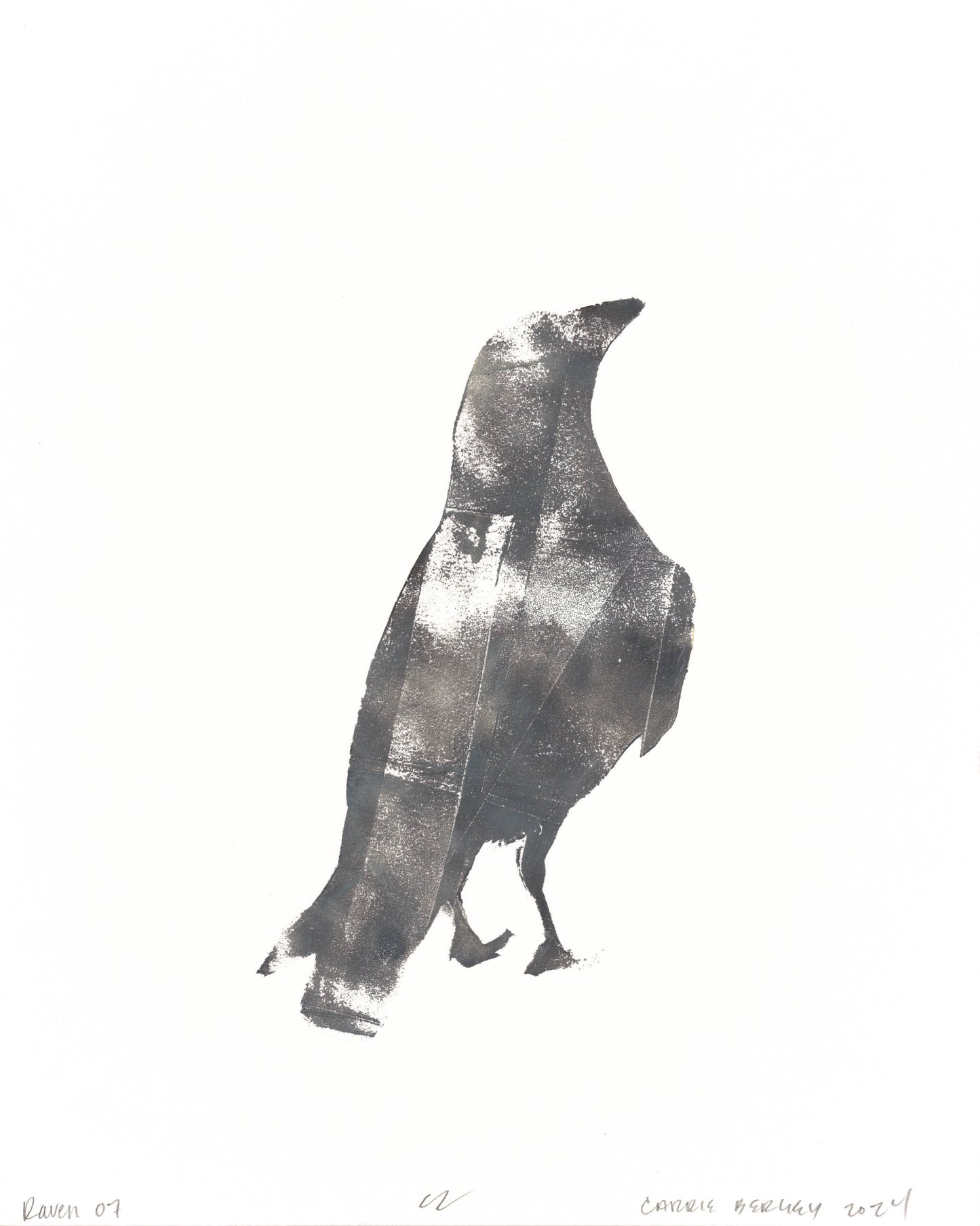 Raven 07 from the Raven 01-10 monoprint series by Carrie Bergey, depicting a dark raven with abstract brush textures.