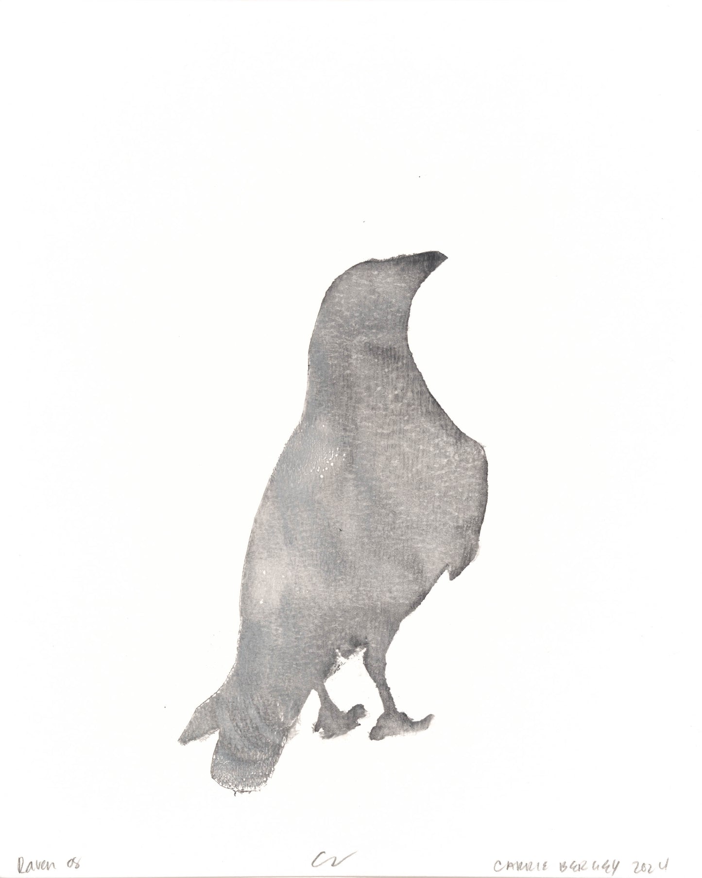 Raven 08 monoprint by Carrie Bergey, presenting a soft gray raven silhouette with subtle shading and texture.