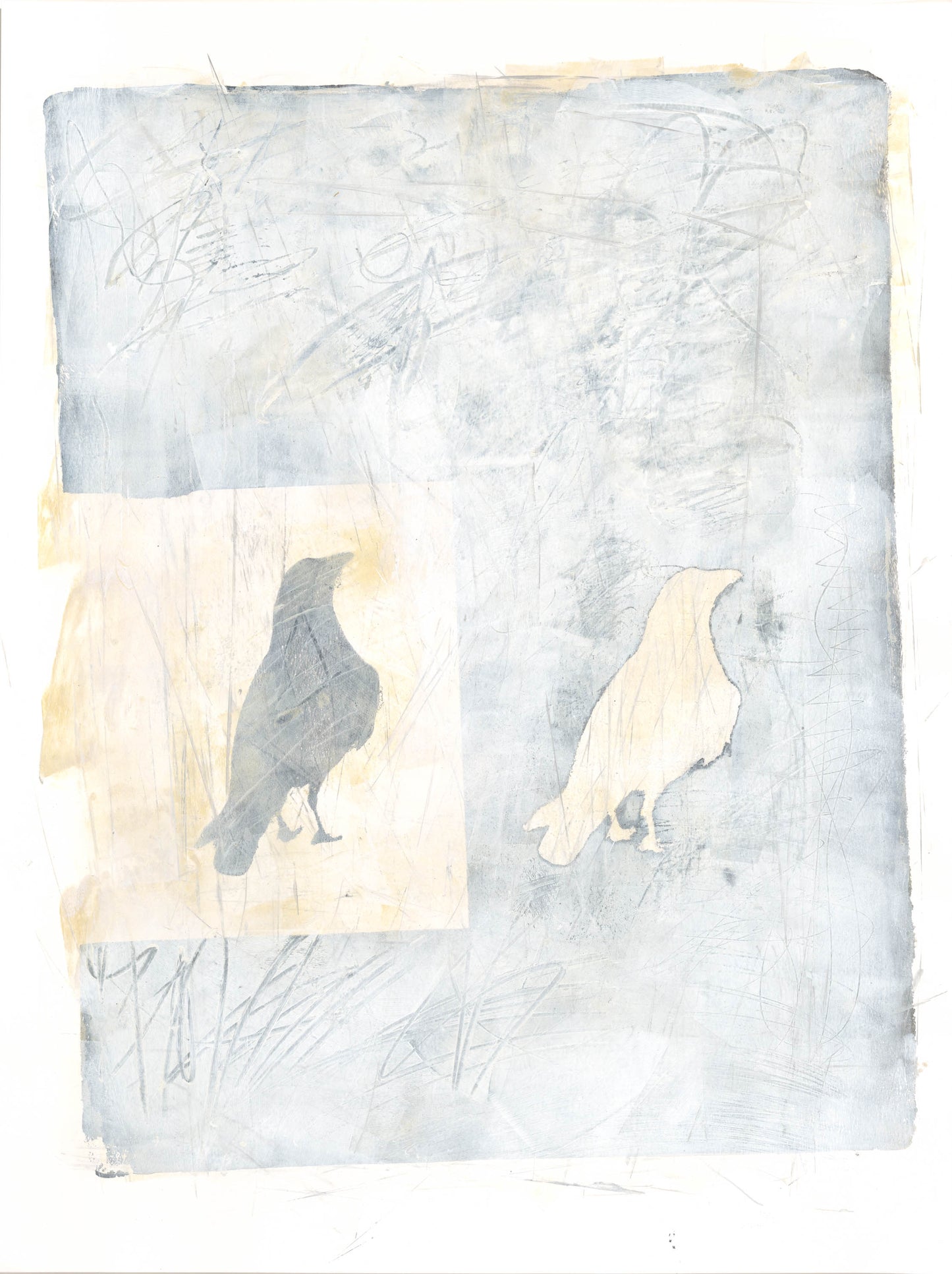 Dual raven silhouettes—one dark, one light—featured in Carrie Bergey's symbolic monoprint. A compelling contrast for expressive wall art.