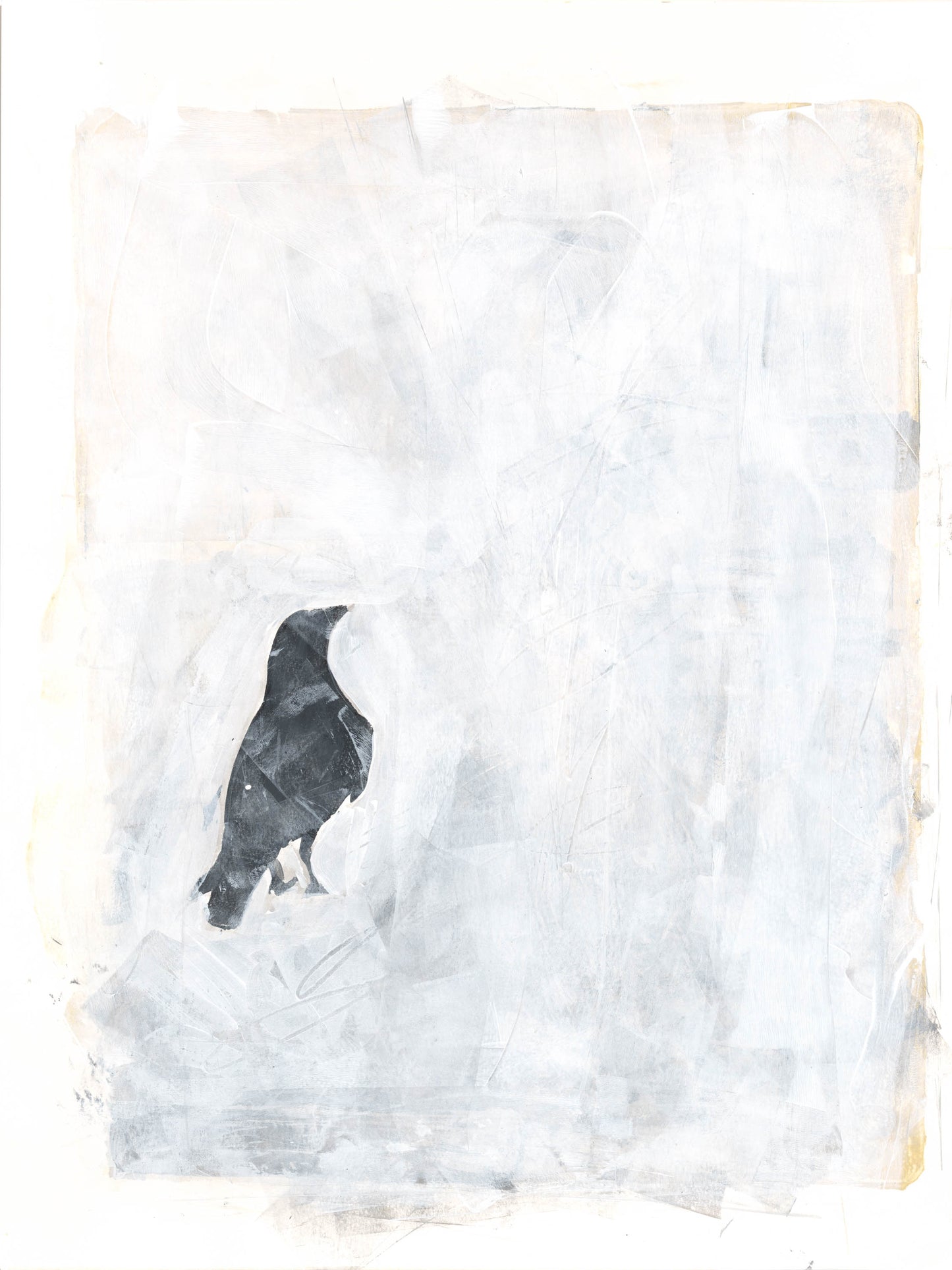 Dark raven figure in Carrie Bergey's monoprint on a soft white-gray background. A contemplative and textured print for modern decor themes.