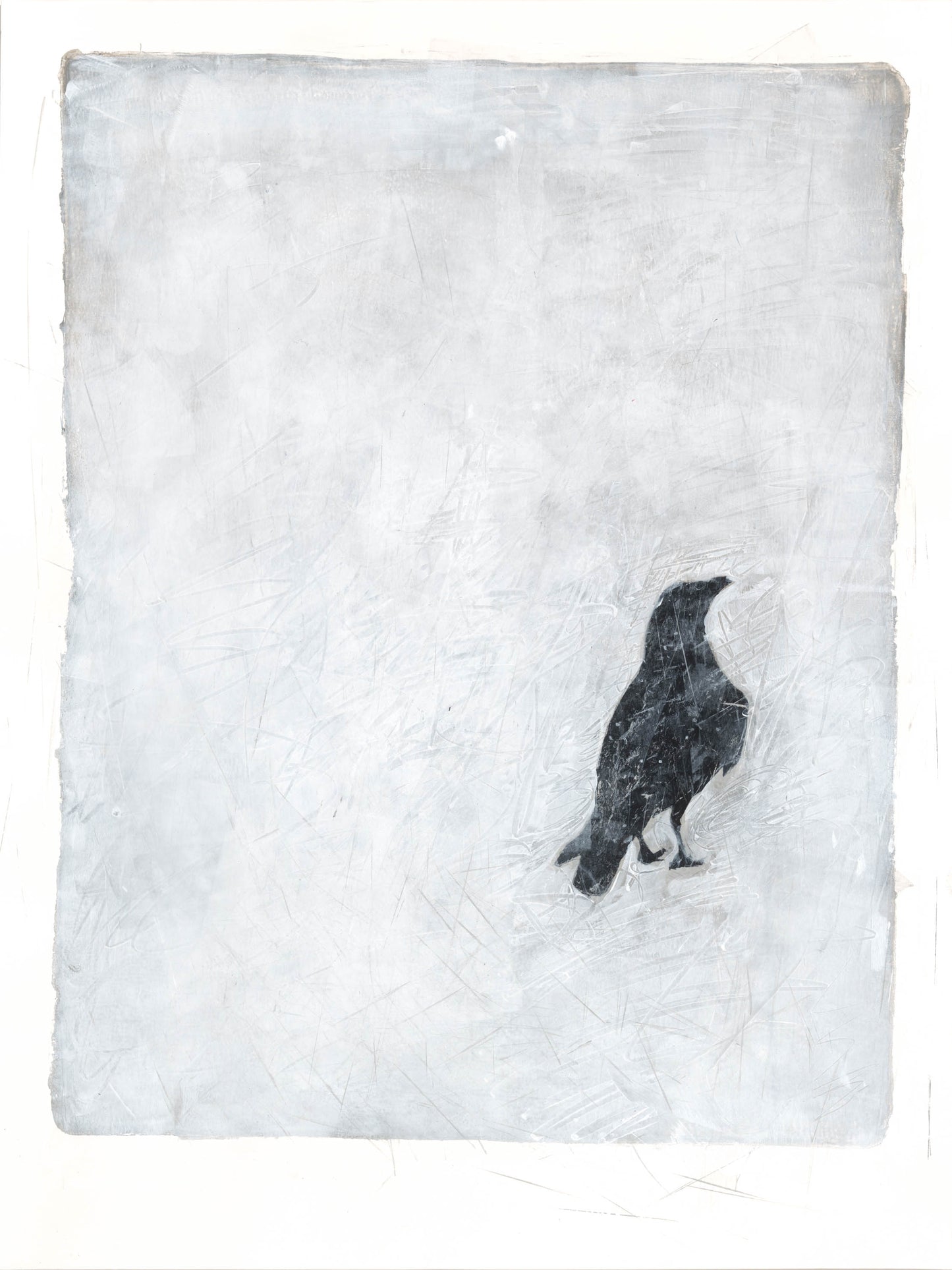 Carrie Bergey's monoprint featuring a solitary black raven on a light textured background. A bold and symbolic piece for modern art lovers.