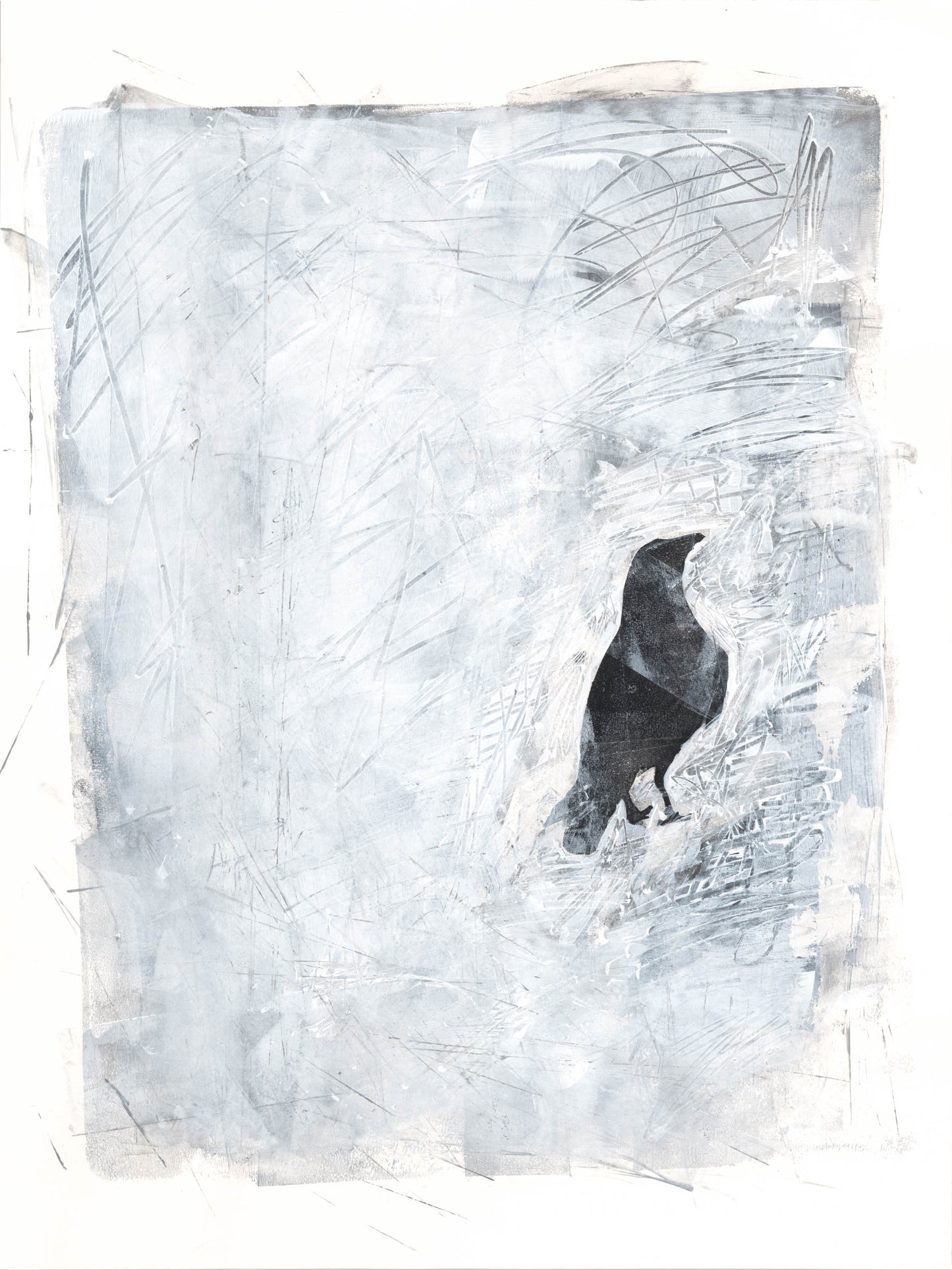 Abstract raven monoprint by Carrie Bergey with layered textures and soft blue-gray tones. A unique print for refined home or office decor.