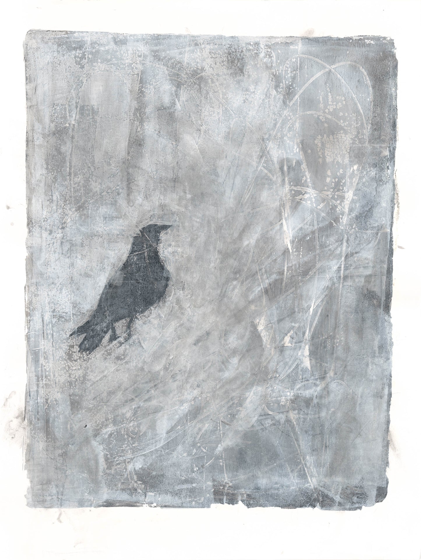 Single raven monoprint from Carrie Bergey's collection with abstract gray textures. A striking fine art print for contemporary wall decor.