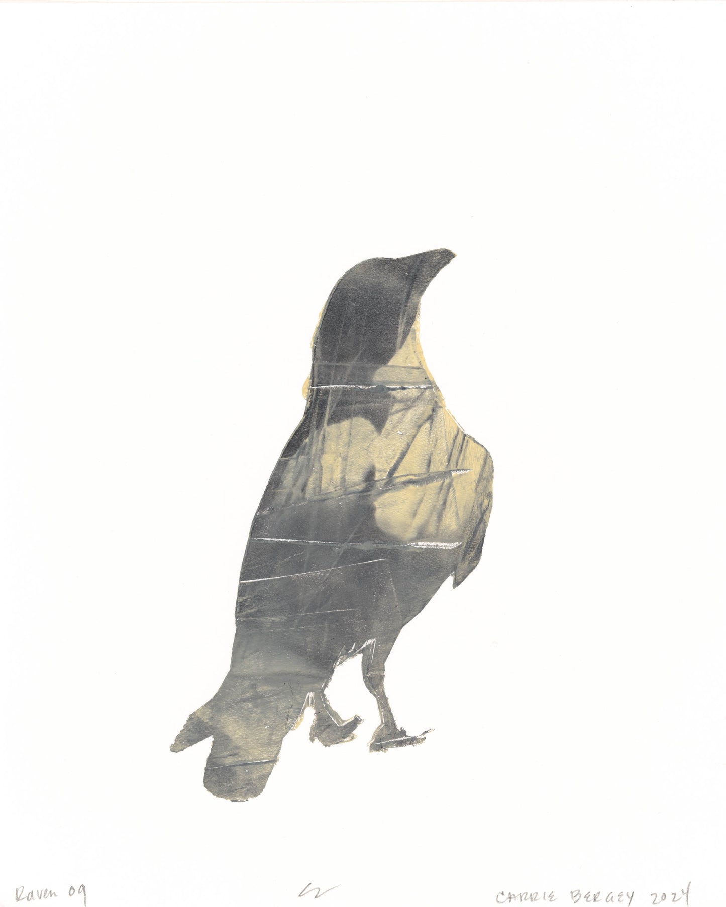 Duplicate of Raven 09 monoprint by Carrie Bergey, showing a raven in dark tones with layered textures.