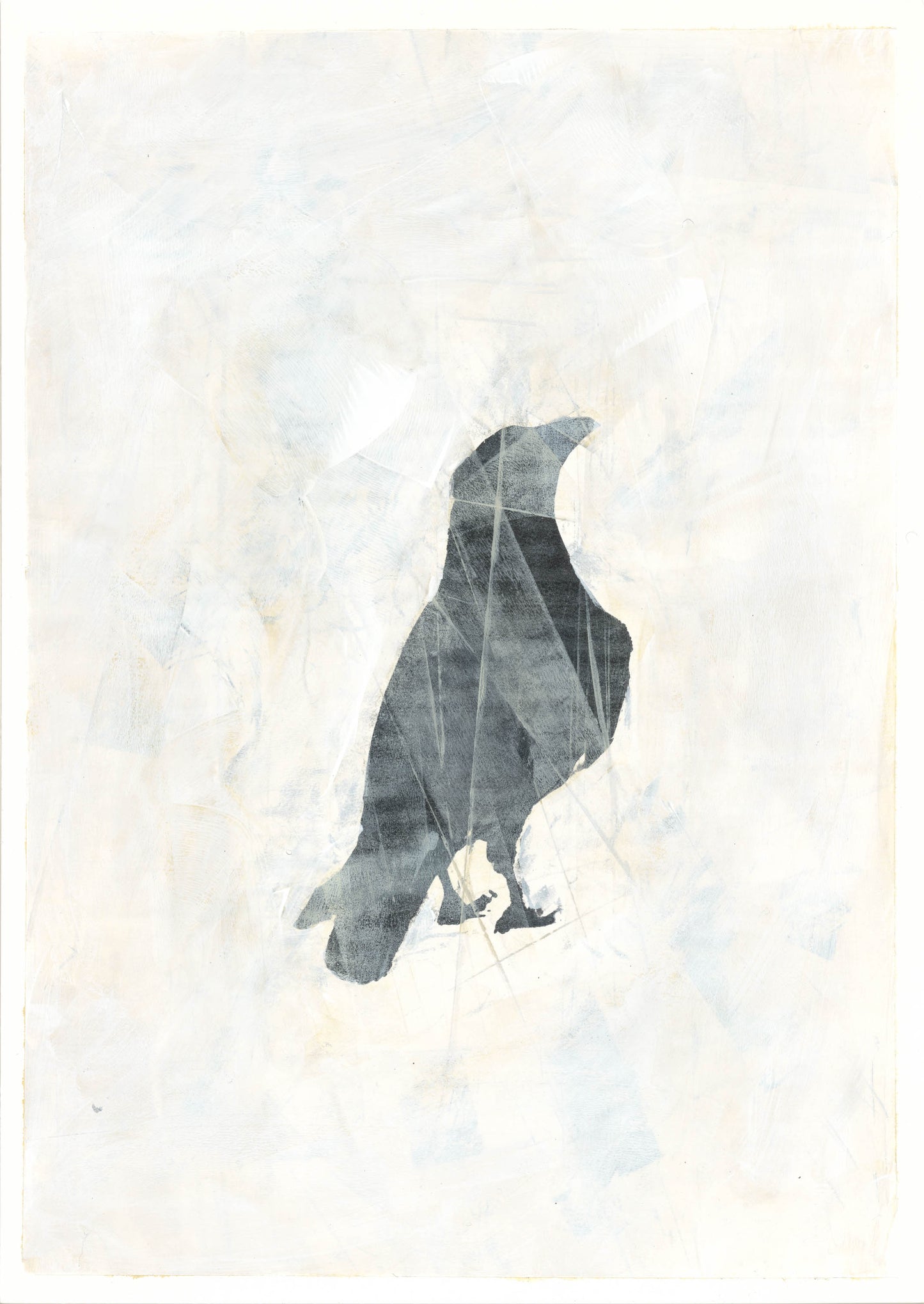 Raven 11 Original Fine Art Monoprint by Carrie Bergey presents a striking black raven on a soft abstract background, enhancing any artistic interior space.
