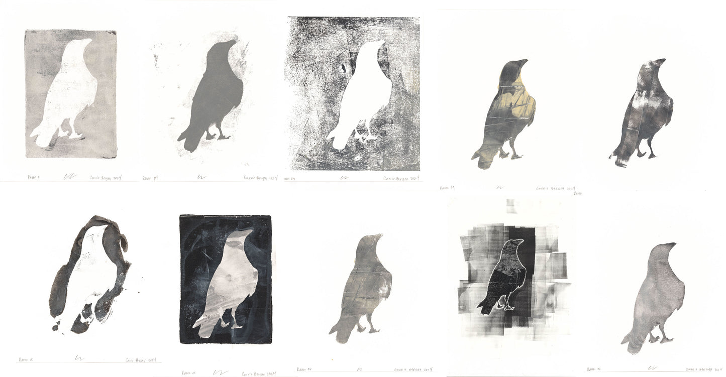 Alternate composite view of Raven 01-10 Original Fine Art Monoprint Decade Collection by Carrie Bergey, highlighting expressive raven forms.