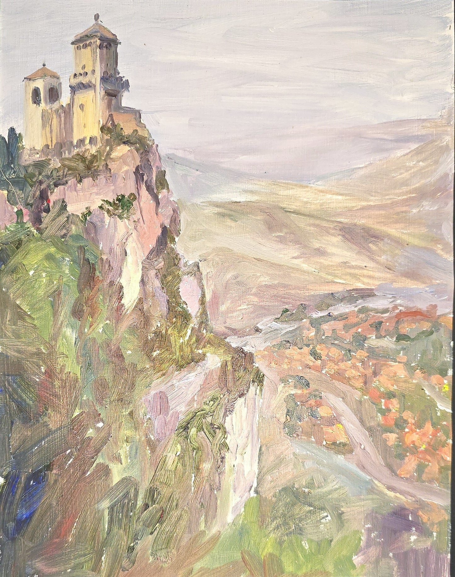 Original oil painting of San Marino Italy showing a historic church perched on a cliff with a valley view, part of the San Marino Italy Art Collection.