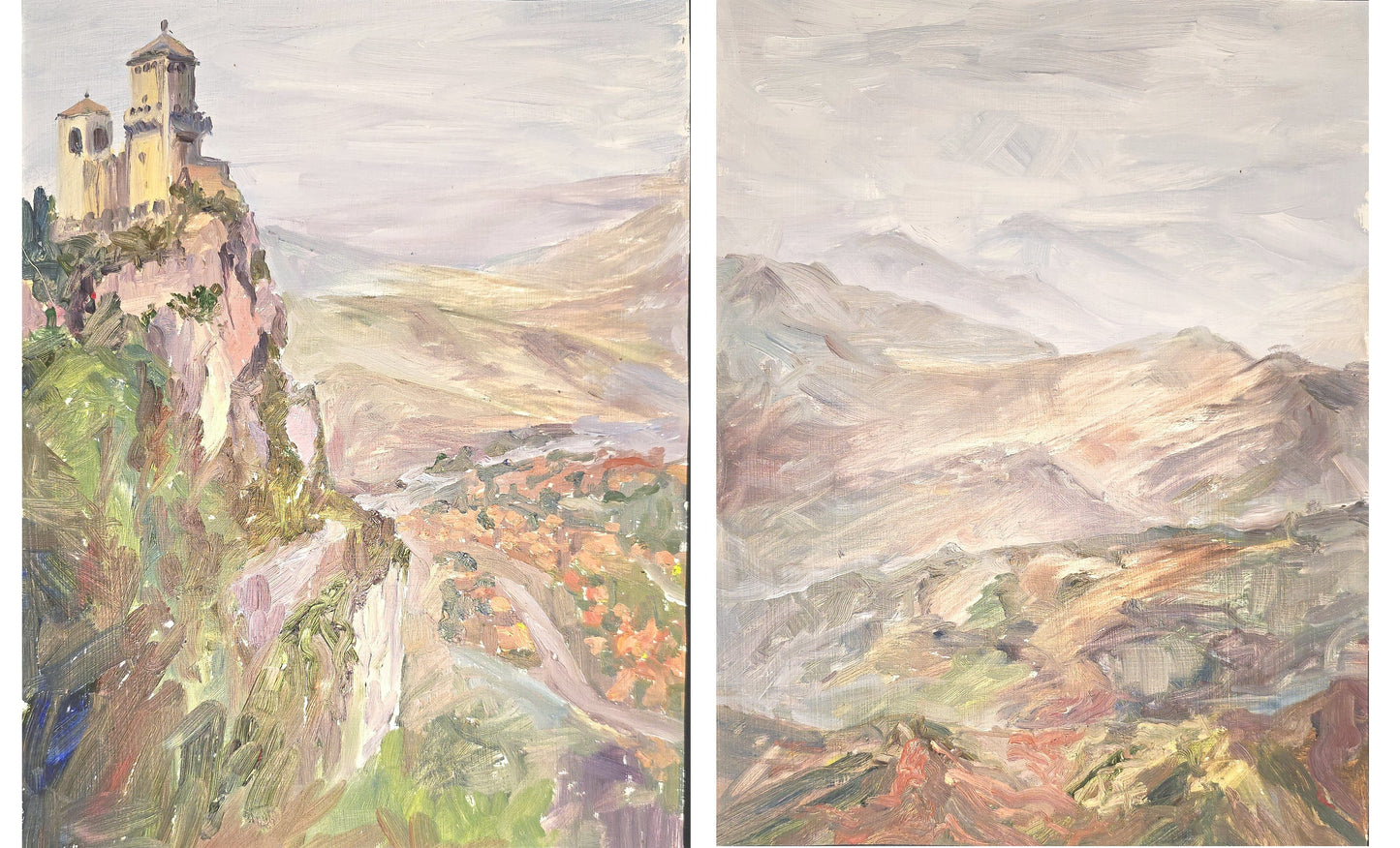 San Marino Italy Art Collection - Original Oil Set showcasing a diptych of a cliffside church and misty mountains in impressionist style.