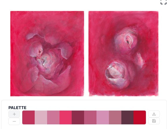 Sweetheart Original Fine Art Painting Diptych Collection with color palette showcasing rich pink and red hues. Perfect for emotional and warm home décor.