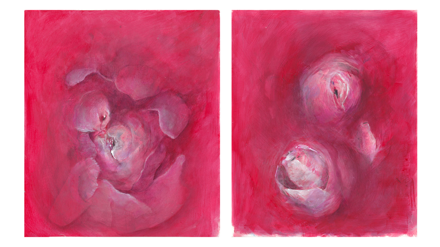 Sweetheart Original Fine Art Painting Diptych Collection featuring two abstract floral-inspired canvases in deep pink tones. Adds intimacy to any space.