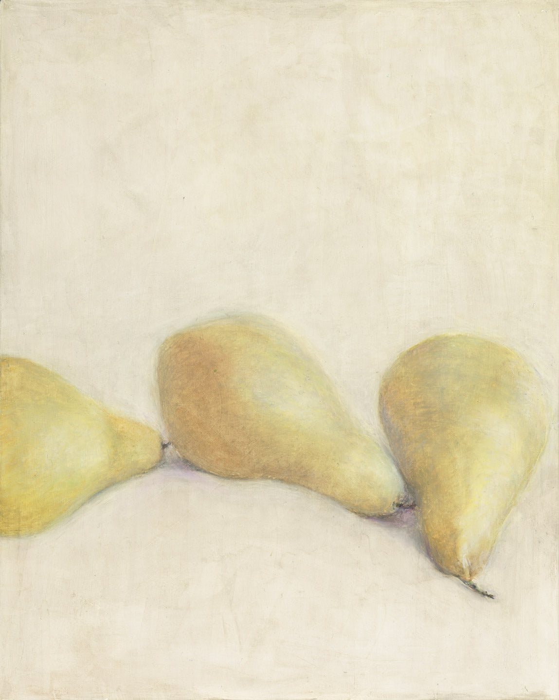Right panel of Pears The After Party Painting by Carrie Bergey featuring two golden pears on a light, textured background.