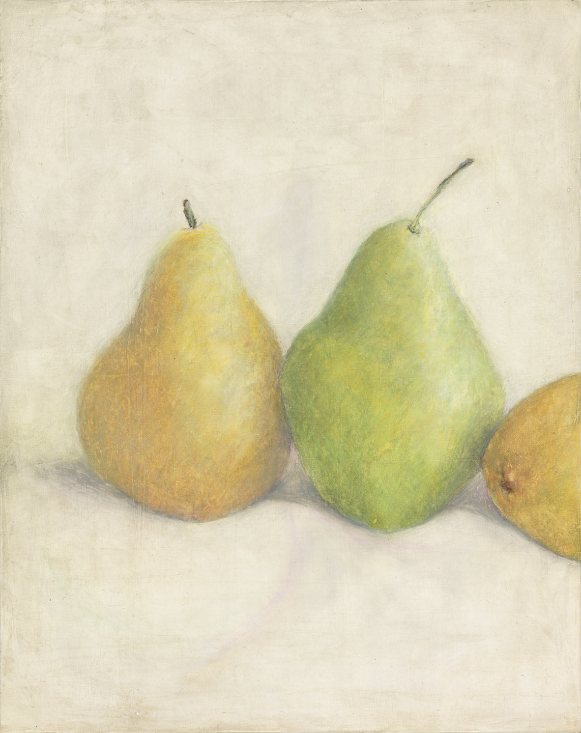 Left panel of Pears The After Party Painting by Carrie Bergey showing three colorful pears with soft textures and warm tones.