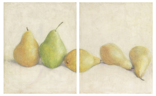 Pears The After Party Original Fine Art Painting Diptych Collection by Carrie Bergey displayed in a modern dining room with neutral decor.
