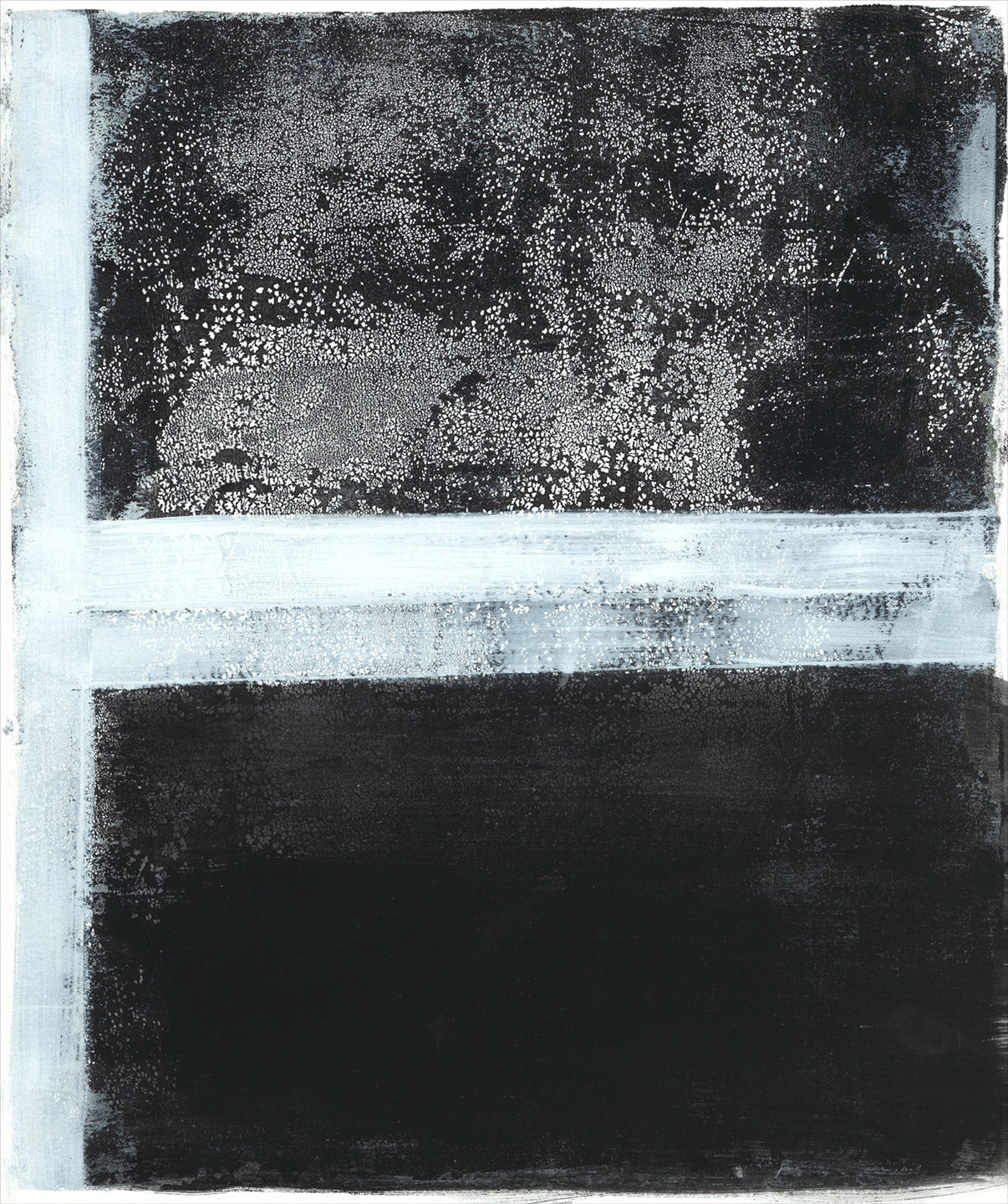 First monoprint in the Tux Diptych Collection by Carrie Bergey, showcasing a vertical abstract design with black and white textured layers.