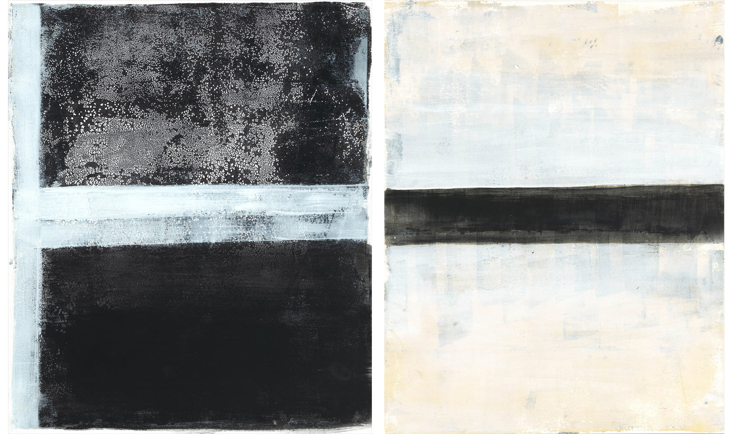 Tux Original Fine Art Monoprint Diptych Collection by Carrie Bergey, a set of two abstract prints blending black, white, and neutral tones in minimalist harmony.