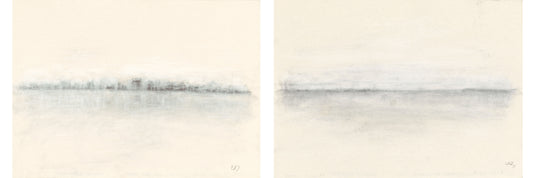 Vista Original Fine Art Drawings Diptych Collection by Carrie Bergey displayed above a minimalist bench, ideal for modern home decor.